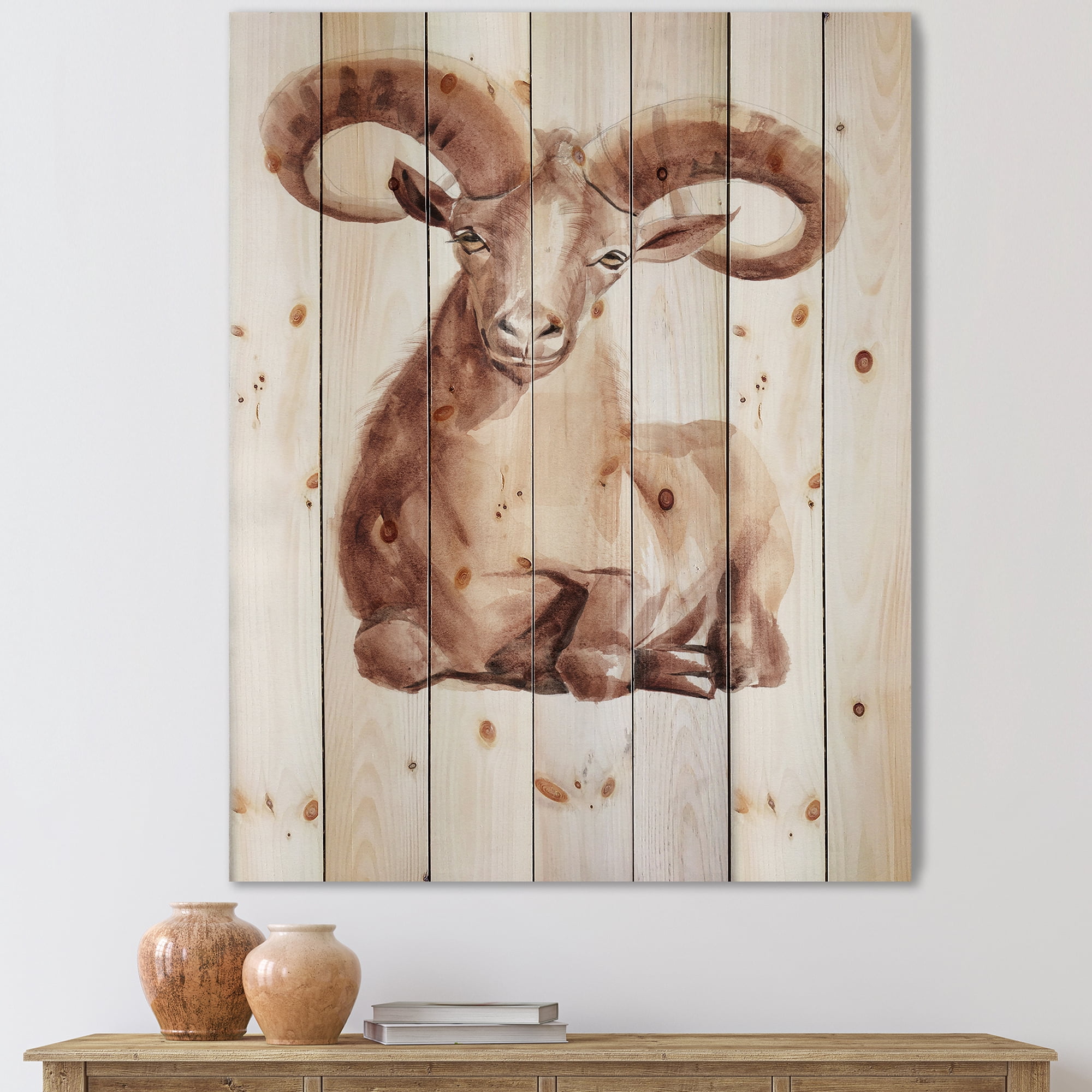 Designart 'Abstract Portrait of Wild Ram With Mighty Horns II' Farmhouse Print on Natural Pine Wood
