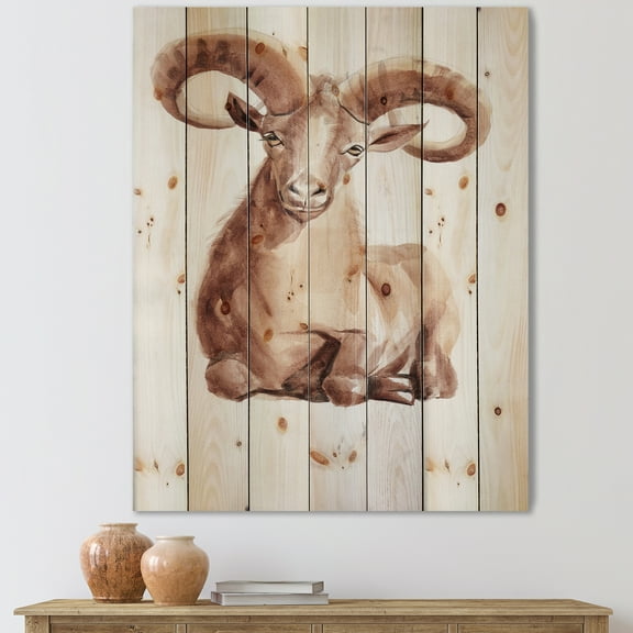Designart 'Abstract Portrait of Wild Ram With Mighty Horns II' Farmhouse Print on Natural Pine Wood