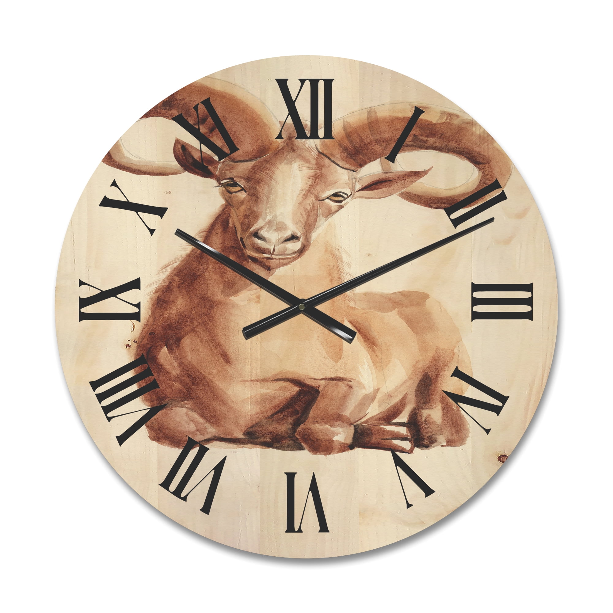 Designart 'Abstract Portrait of Wild Ram With Mighty Horns II' Farmhouse Wood Wall Clock