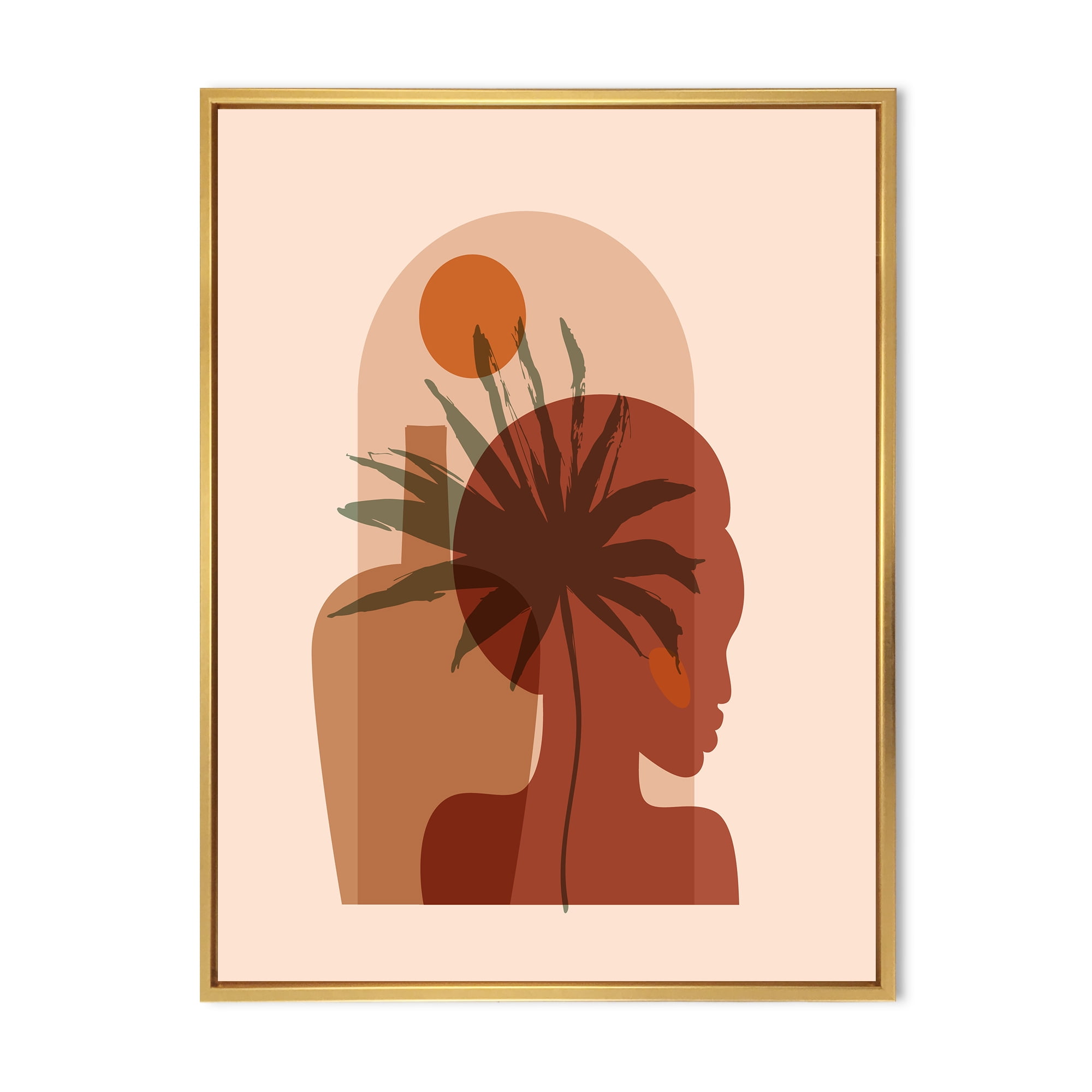 Designart 'Abstract Pretty Girl Portrait and Tropical Palm Leaf' Modern Framed Canvas Wall Art Print