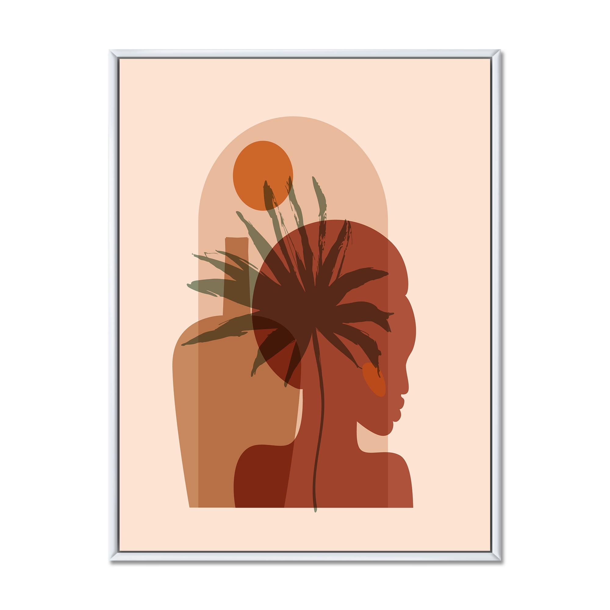 Designart 'Abstract Pretty Girl Portrait and Tropical Palm Leaf' Modern Framed Canvas Wall Art Print
