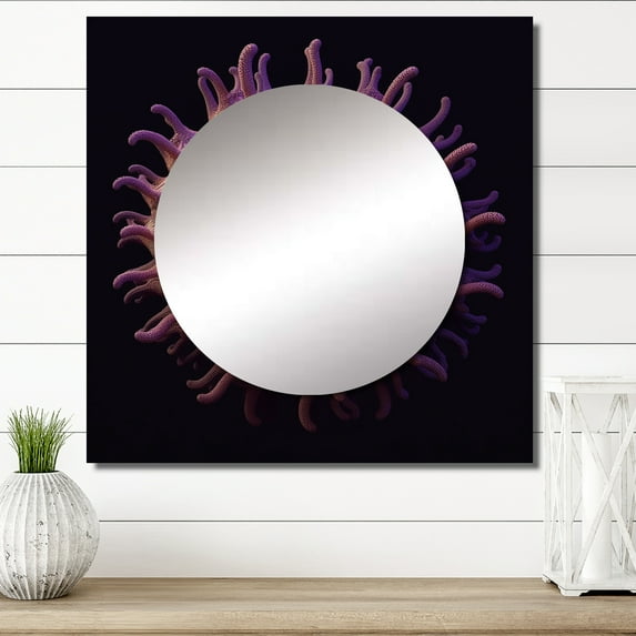 Designart "Abstract Purple Coastal Fauna Purple and Orange Palette" Coastal Ocean Square Mirror For Wall Decor - Large Purple Square Mirror Printed Wall Decor - Coastal Square Living Room Mirror