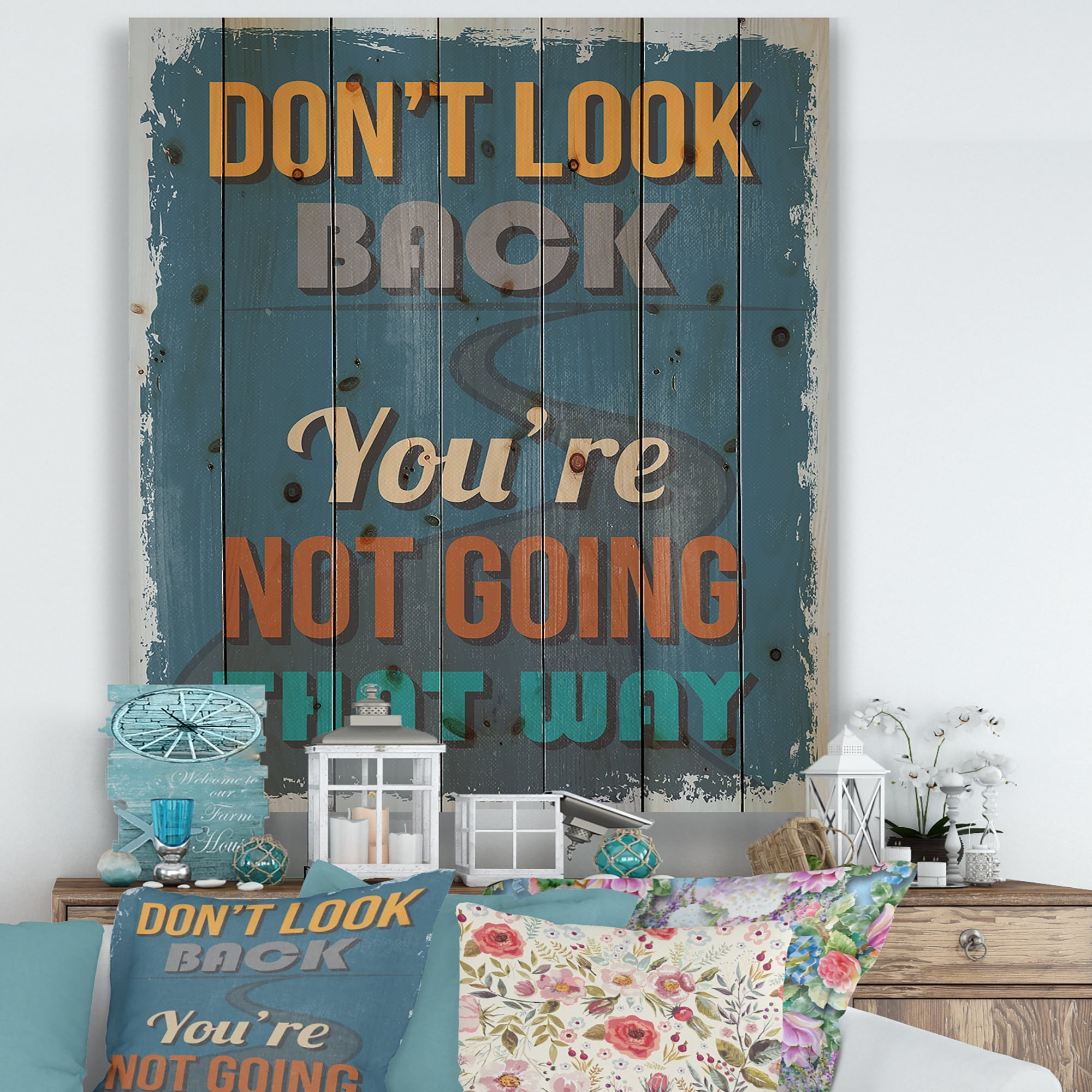 Designart 'Abstract Quote Don't Look Back You're Not Going That Way' Traditional Print on Natural Pine Wood