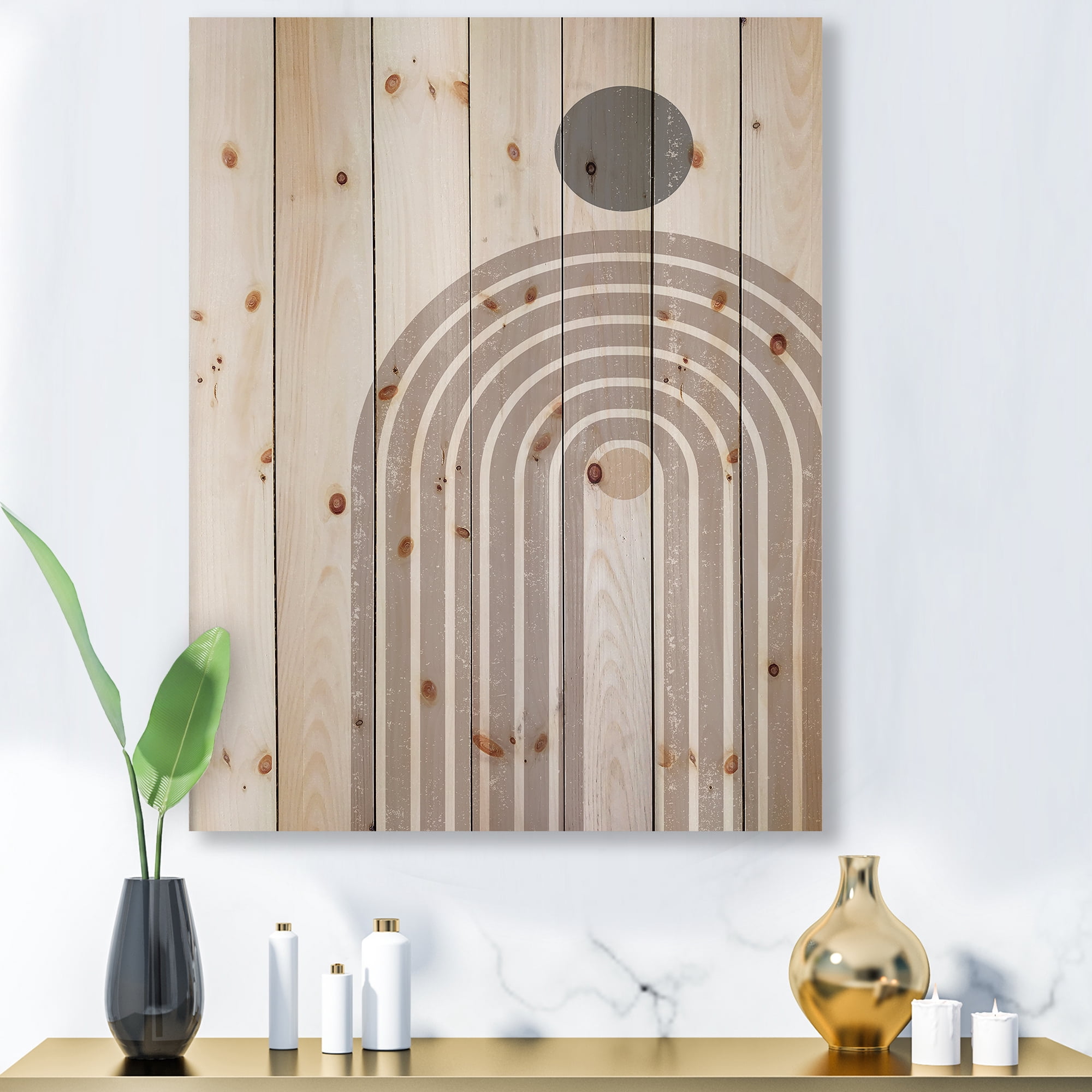 Designart 'Abstract Rainbow Moon and Sun In Earth Tones I' Modern Print on Natural Pine Wood