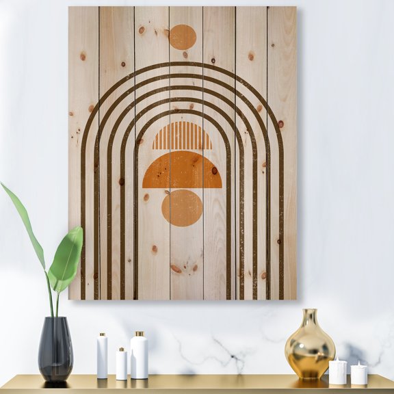 Designart 'Abstract Rainbow Moon and Sun In Earth Tones IV' Modern Print on Natural Pine Wood