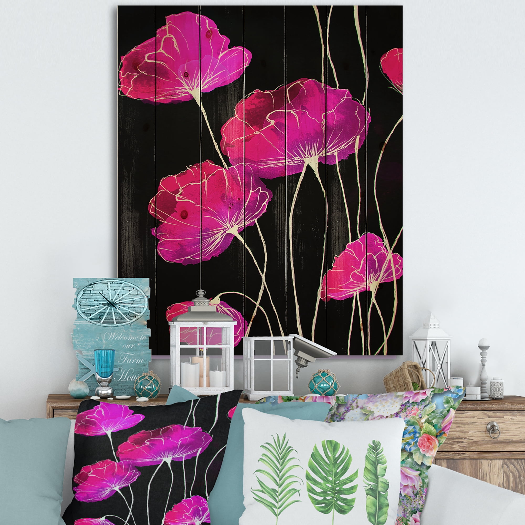 Designart 'Abstract Red Flower Detail On Black Background I' Traditional Print on Natural Pine Wood