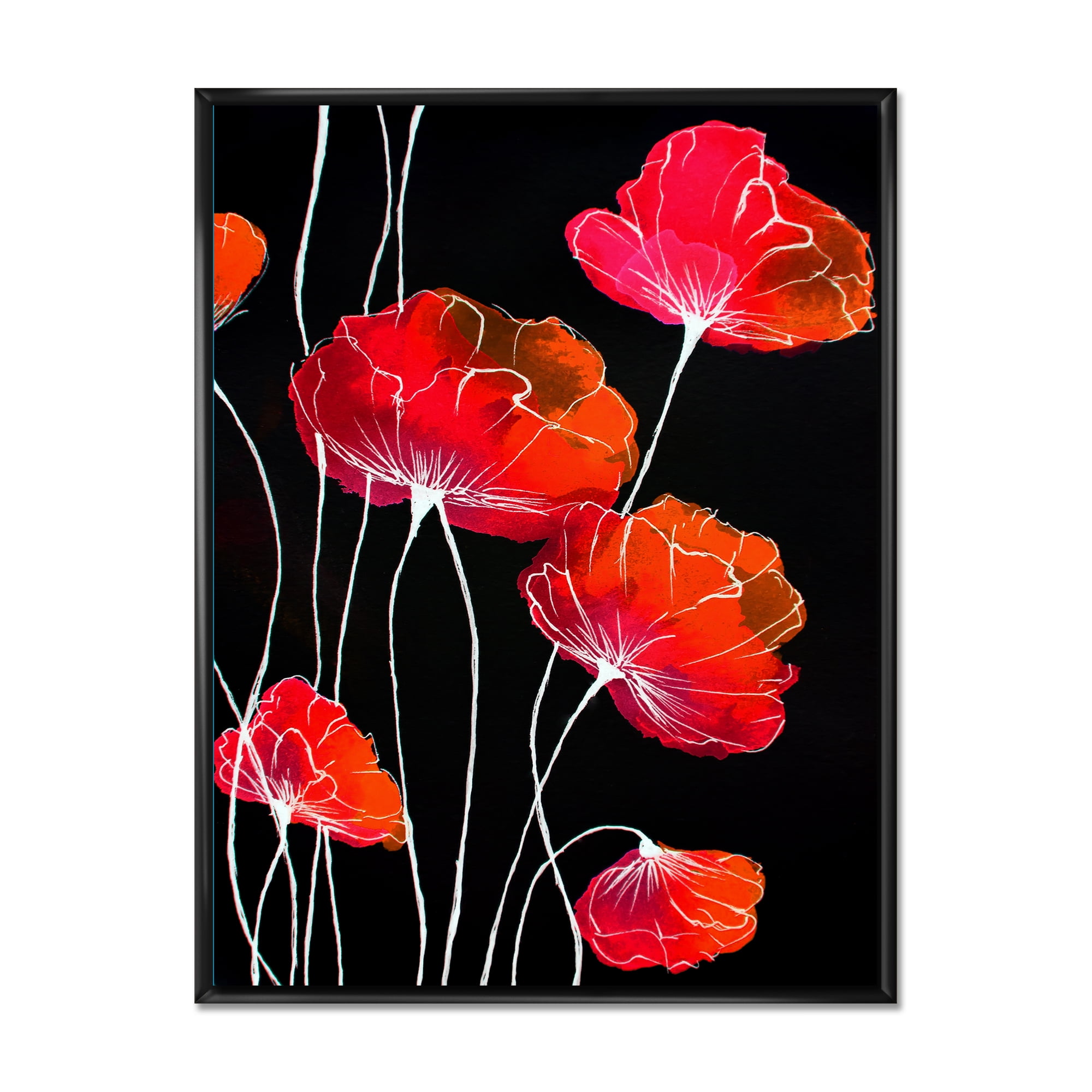 Designart 'Abstract Red Flower Detail On Black Background II' Traditional Framed Canvas Wall Art Print