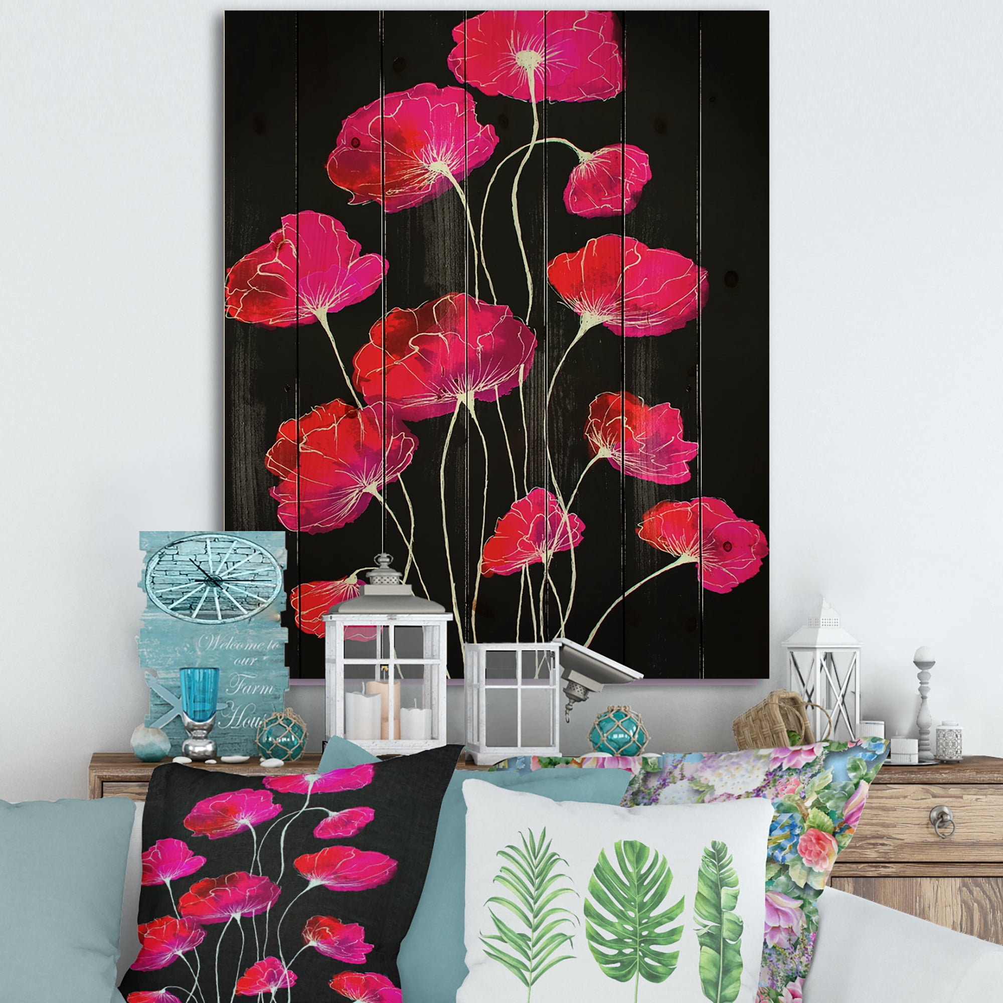 Designart 'Abstract Red Flower Detail On Black Background III' Traditional Print on Natural Pine Wood