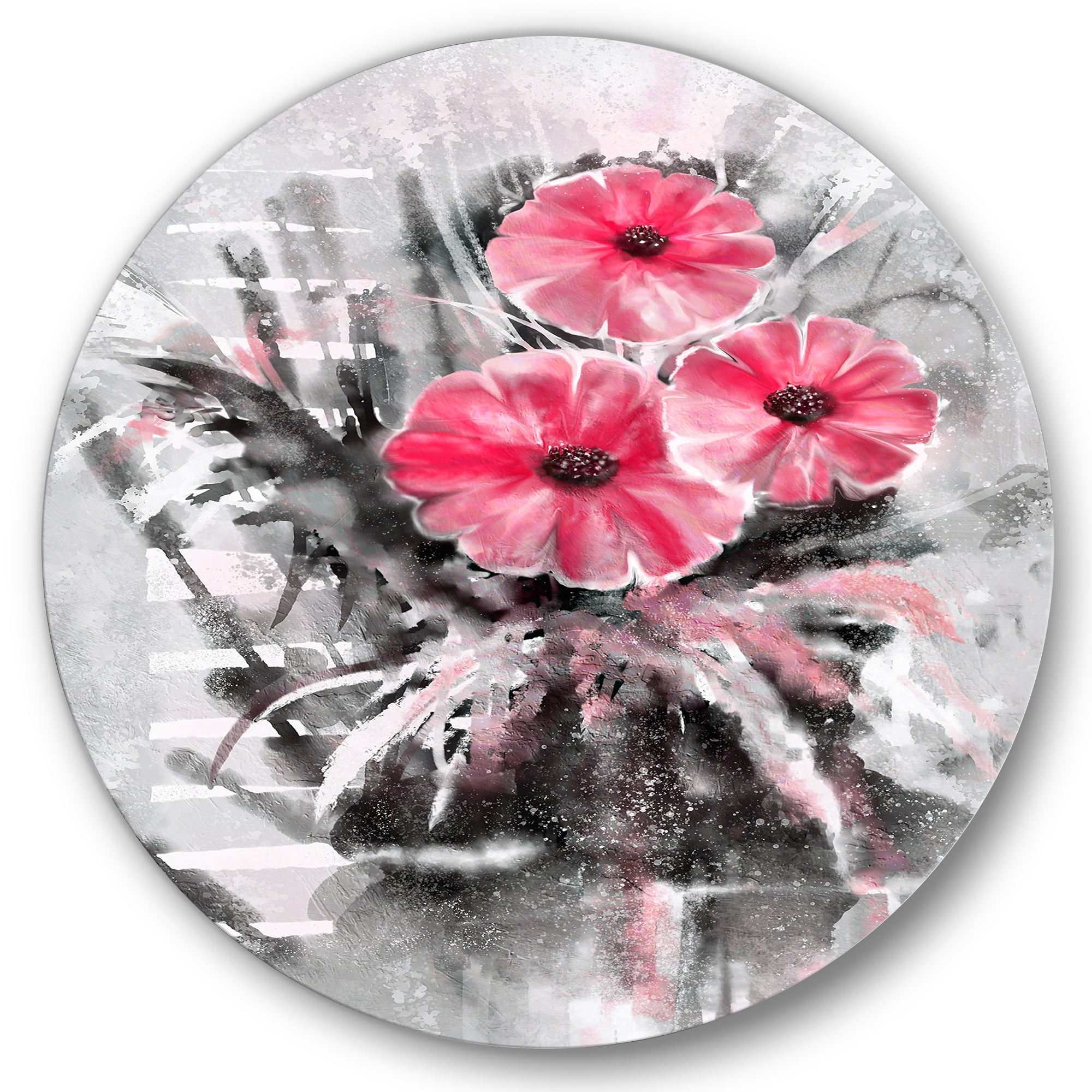 Designart 'Abstract Red Flowers On Gray Background' Traditional Circle Metal Wall Art 29x29 - Disc of 29