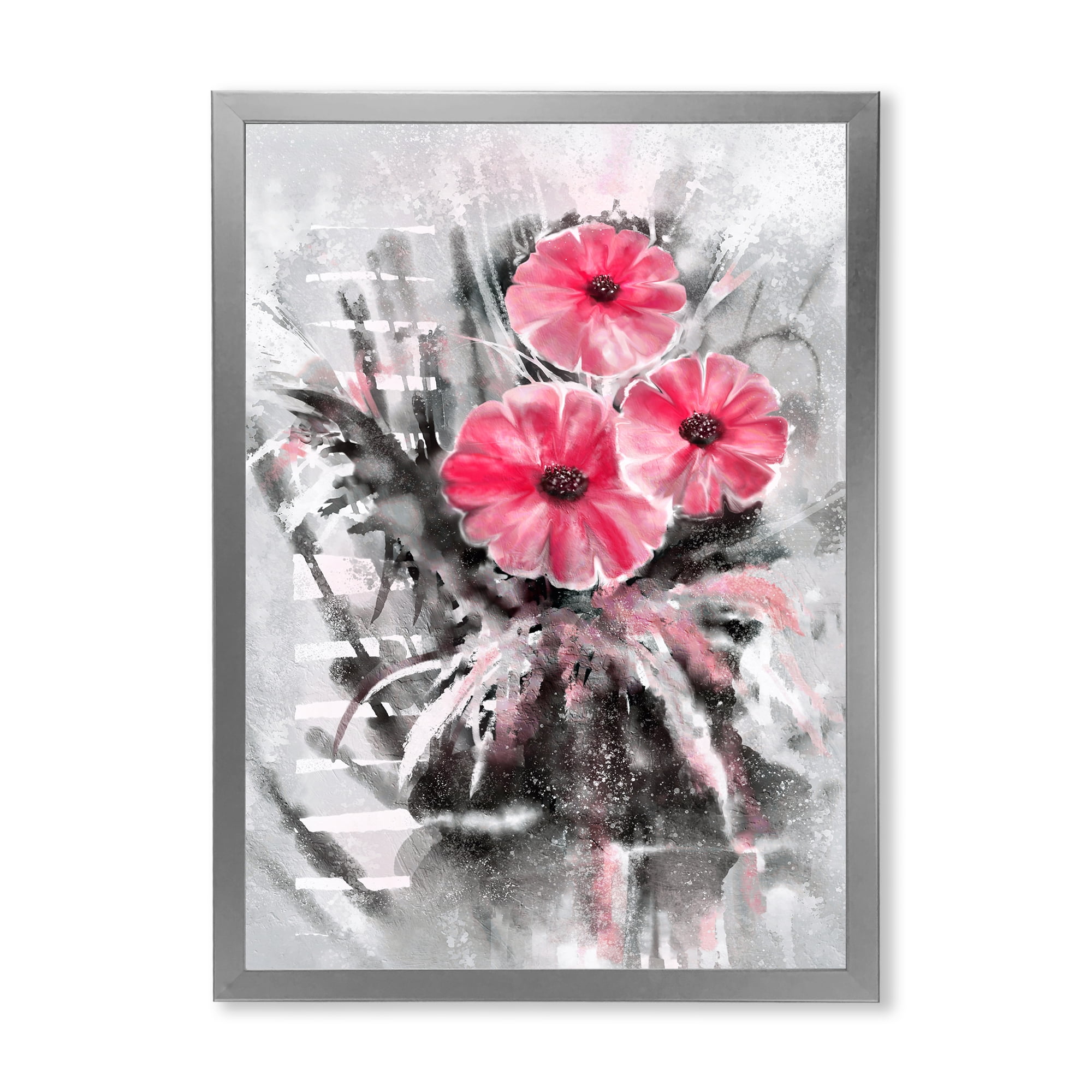 Designart 'Abstract Red Flowers On Gray Background' Traditional Framed Art Print