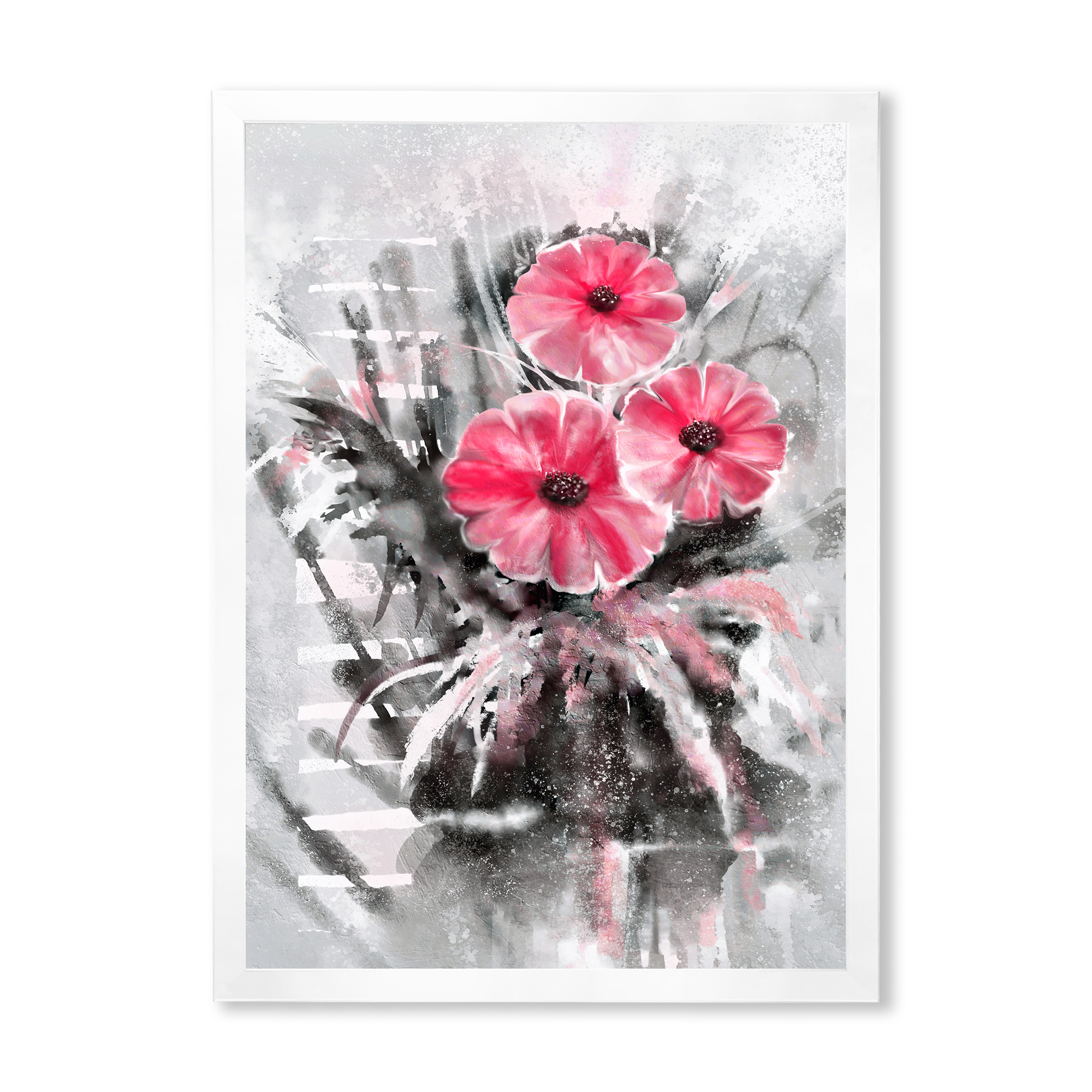 Designart 'Abstract Red Flowers On Gray Background' Traditional Framed Art Print