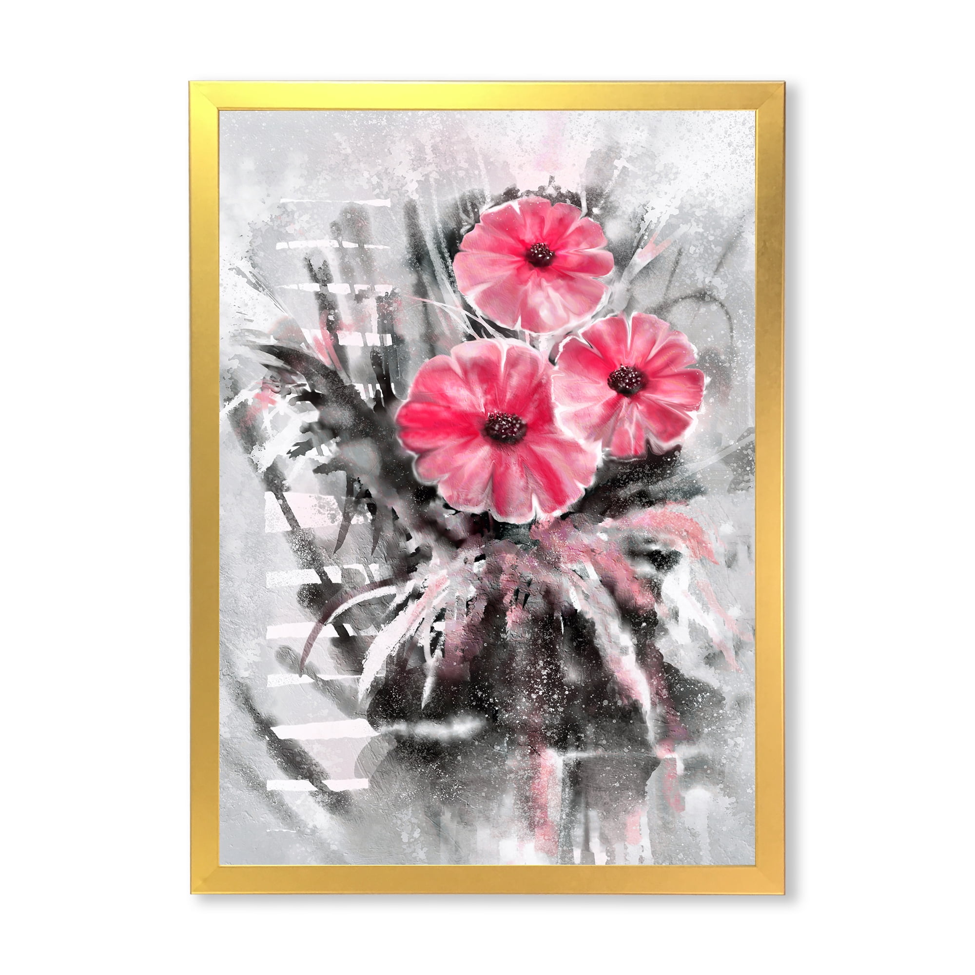 Designart 'Abstract Red Flowers On Gray Background' Traditional Framed Art Print