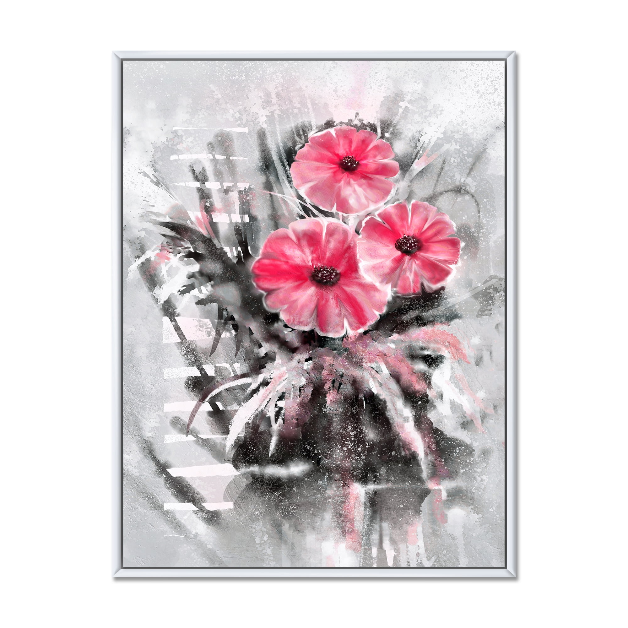 Designart 'Abstract Red Flowers On Gray Background' Traditional Framed Canvas Wall Art Print