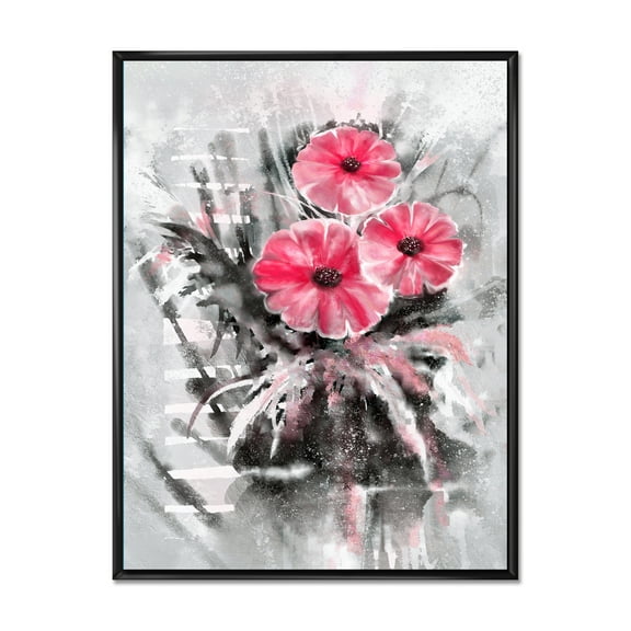 Designart 'Abstract Red Flowers On Gray Background' Traditional Framed Canvas Wall Art Print
