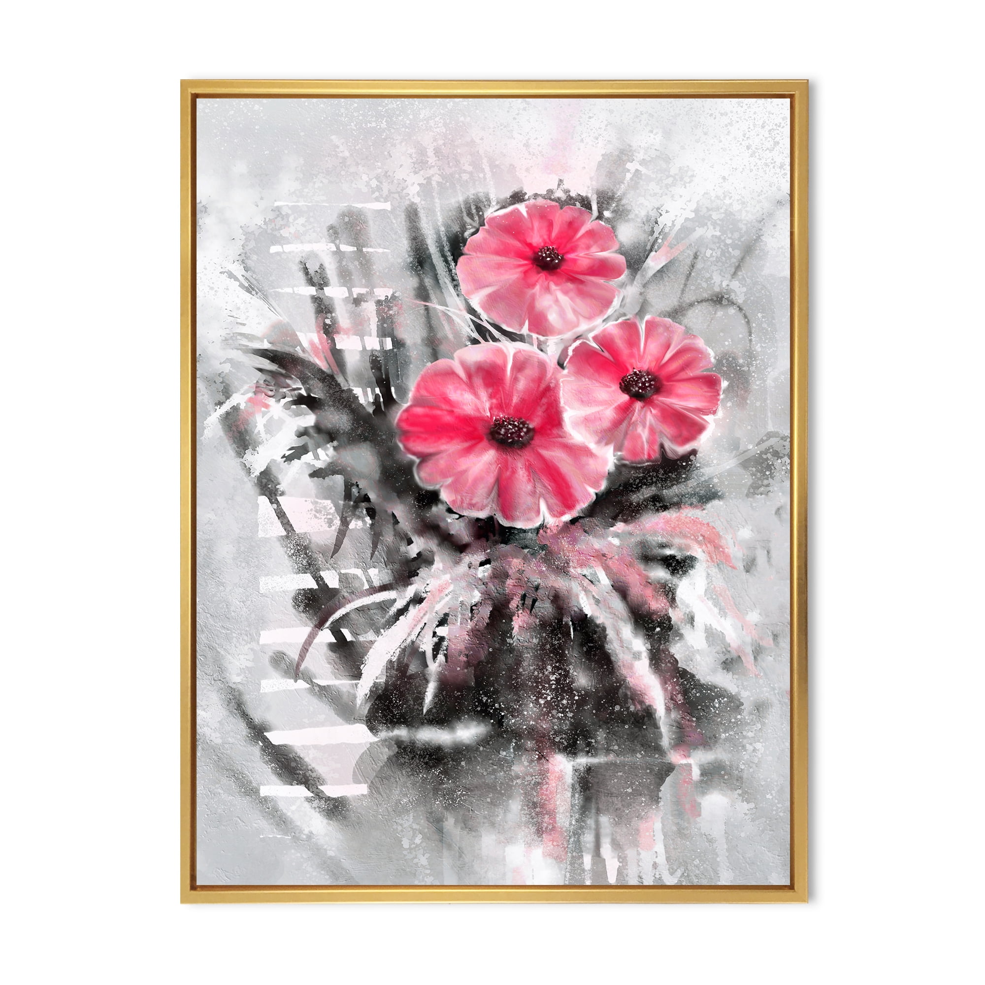 Designart 'Abstract Red Flowers On Gray Background' Traditional Framed Canvas Wall Art Print