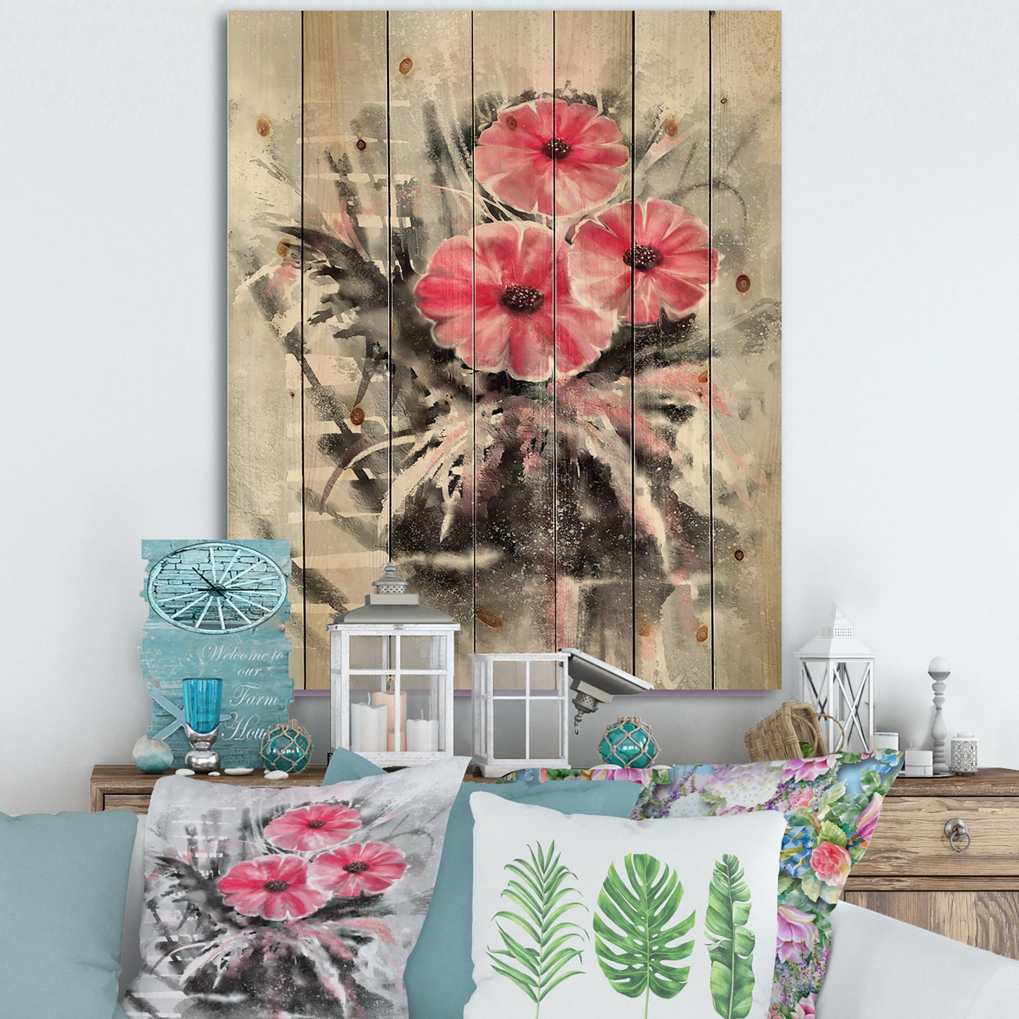 Designart 'Abstract Red Flowers On Gray Background' Traditional Print on Natural Pine Wood