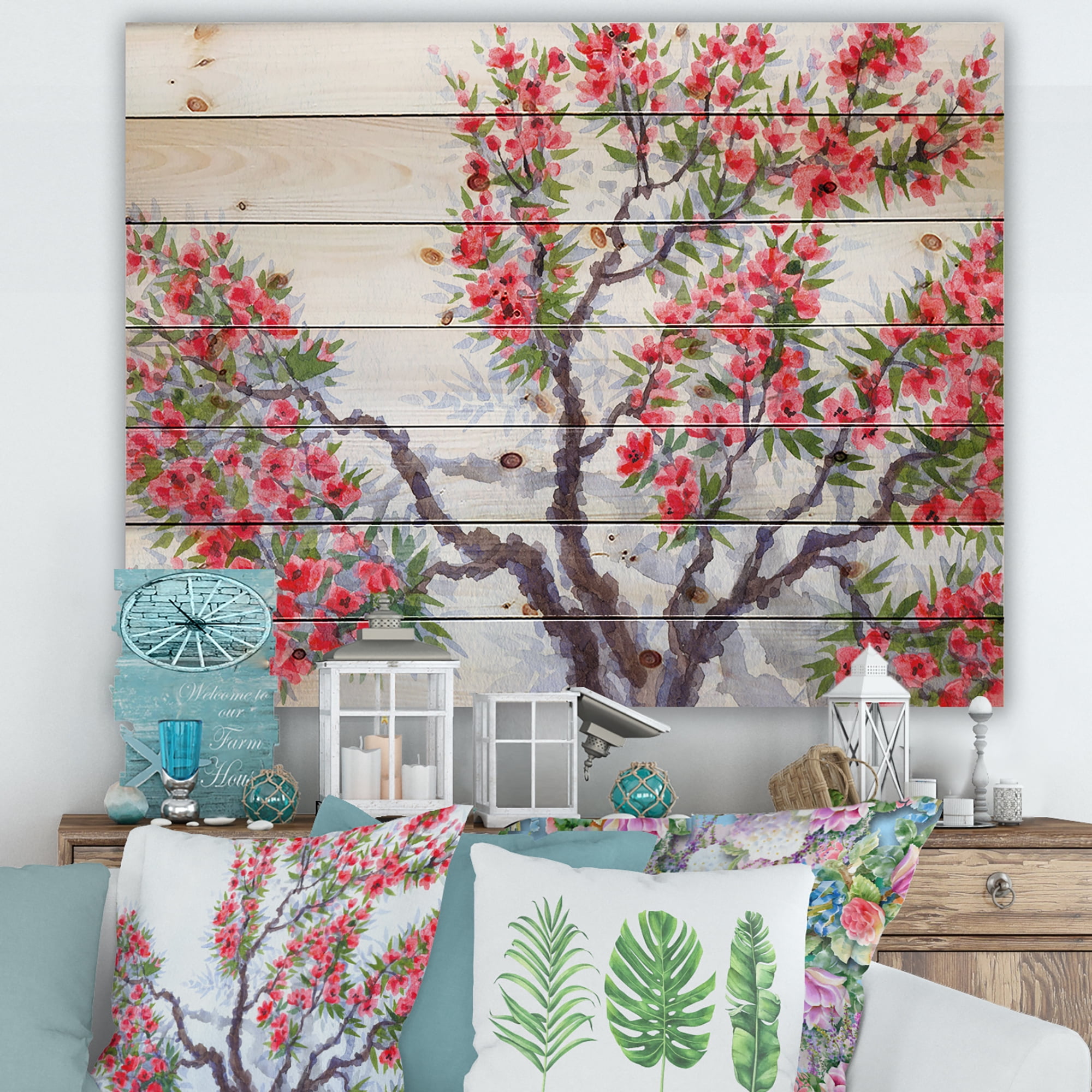 Designart 'Abstract Red Flowers of Spring Tree' Traditional Print on Natural Pine Wood