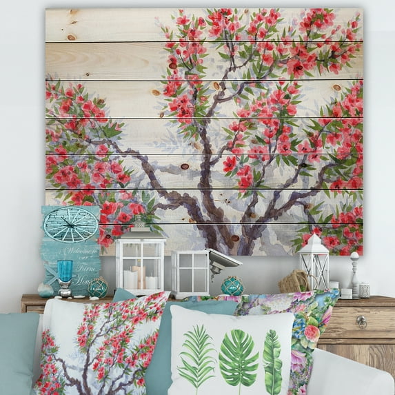 Designart 'Abstract Red Flowers of Spring Tree' Traditional Print on Natural Pine Wood