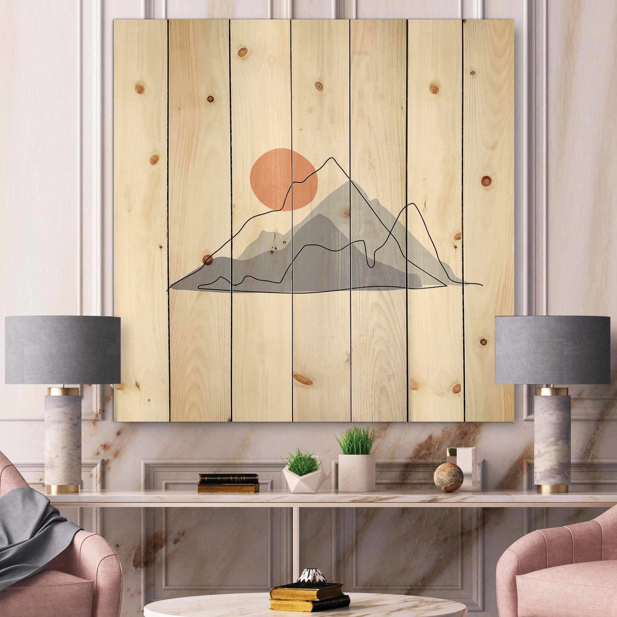 Designart 'Abstract Red Moon With Mountainscape' Modern Print on Natural Pine Wood