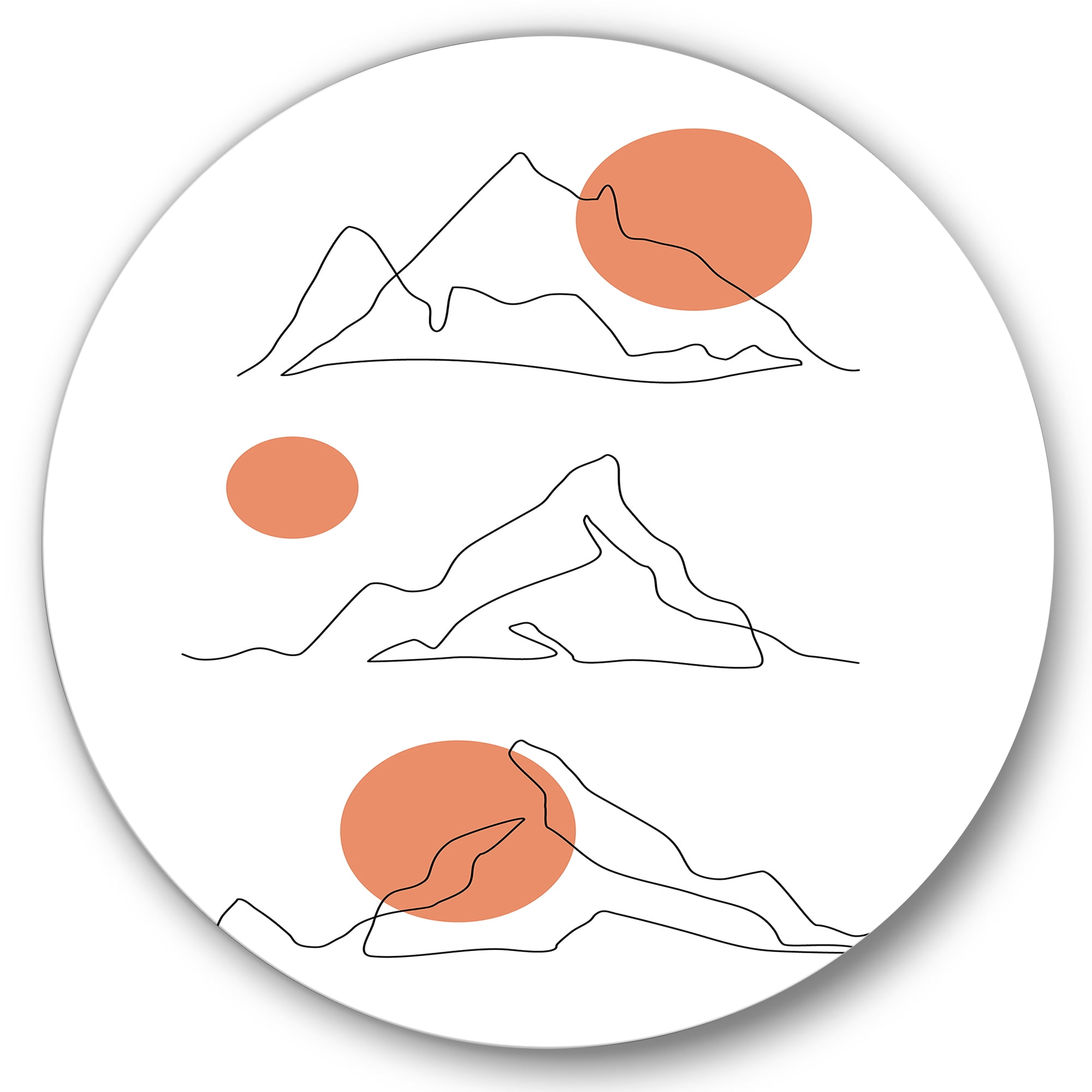 Designart 'Abstract Red Moons With Mountain Range' Modern Circle Metal Wall Art 36x36 - Disc of 36