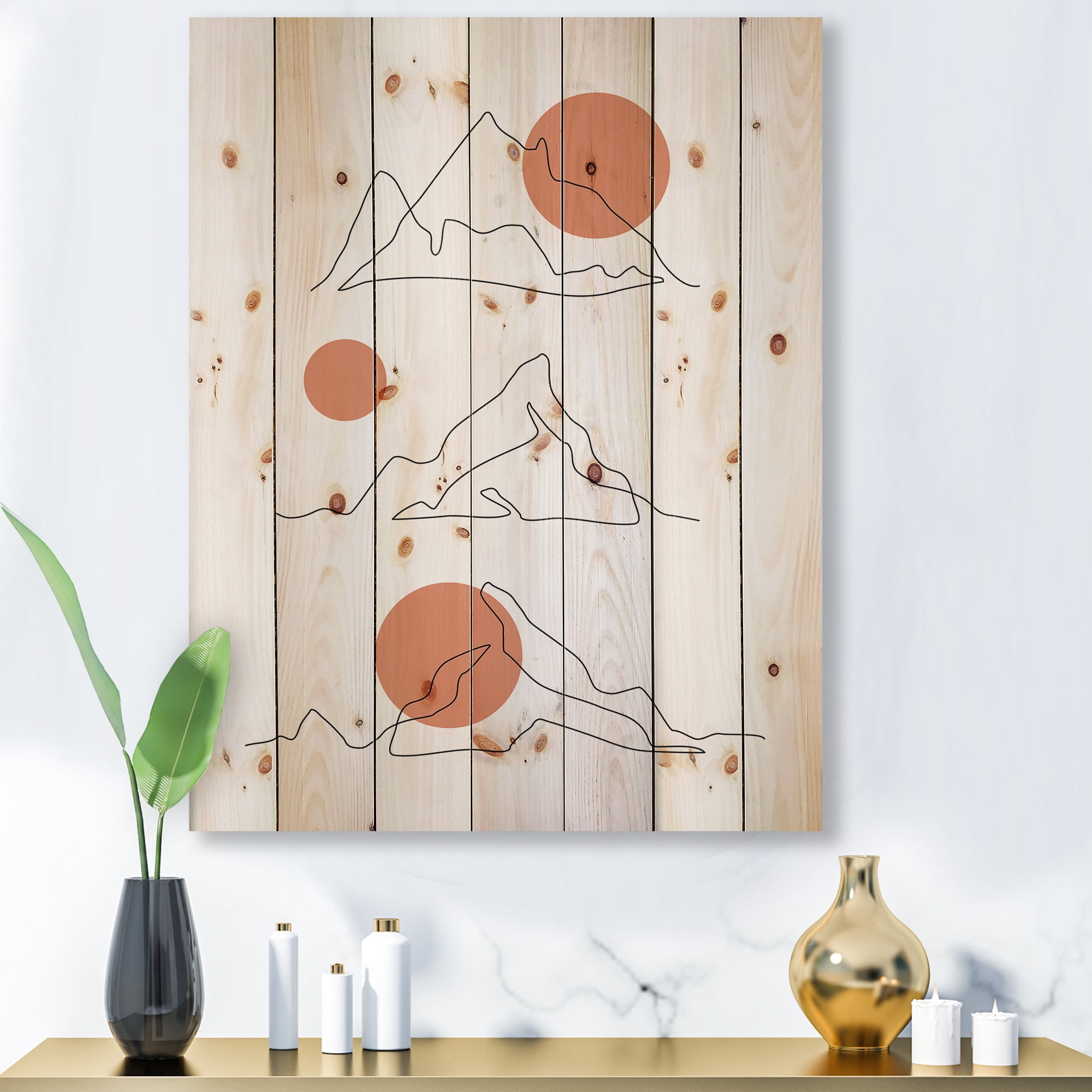 Designart 'Abstract Red Moons With Mountain Range' Modern Print on Natural Pine Wood