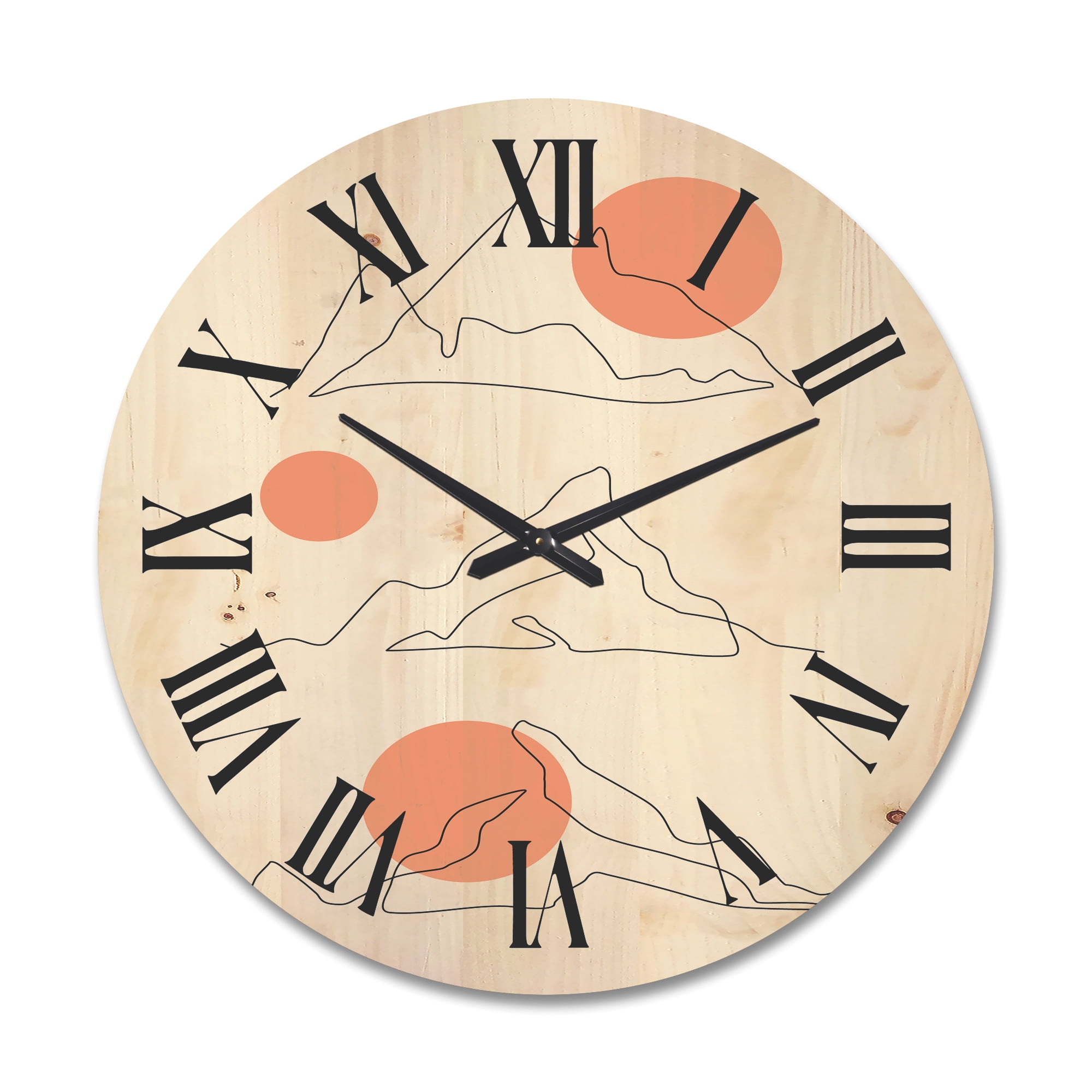 Designart 'Abstract Red Moons With Mountain Range' Modern Wood Wall Clock