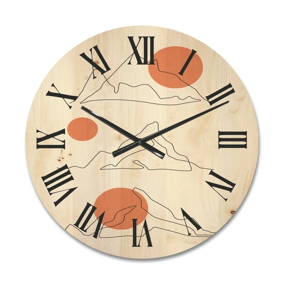Designart 'Abstract Red Moons With Mountain Range' Modern Wood Wall Clock