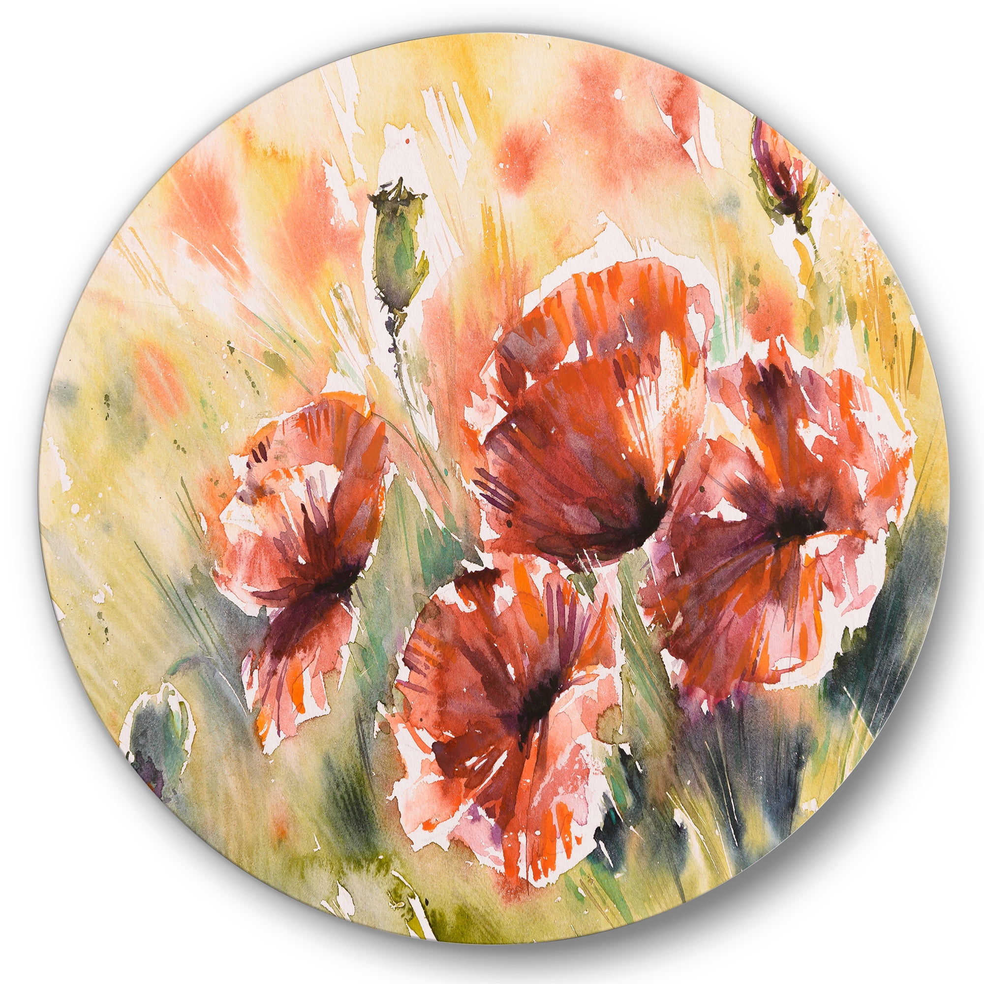 Designart 'Abstract Red Poppy On A Field' Traditional Circle Metal Wall Art 23x23 - Disc of 23