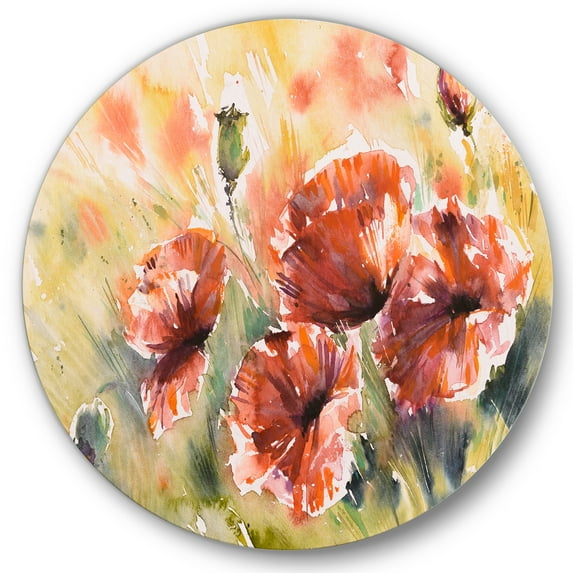 Designart 'Abstract Red Poppy On A Field' Traditional Circle Metal Wall Art 29x29 - Disc of 29