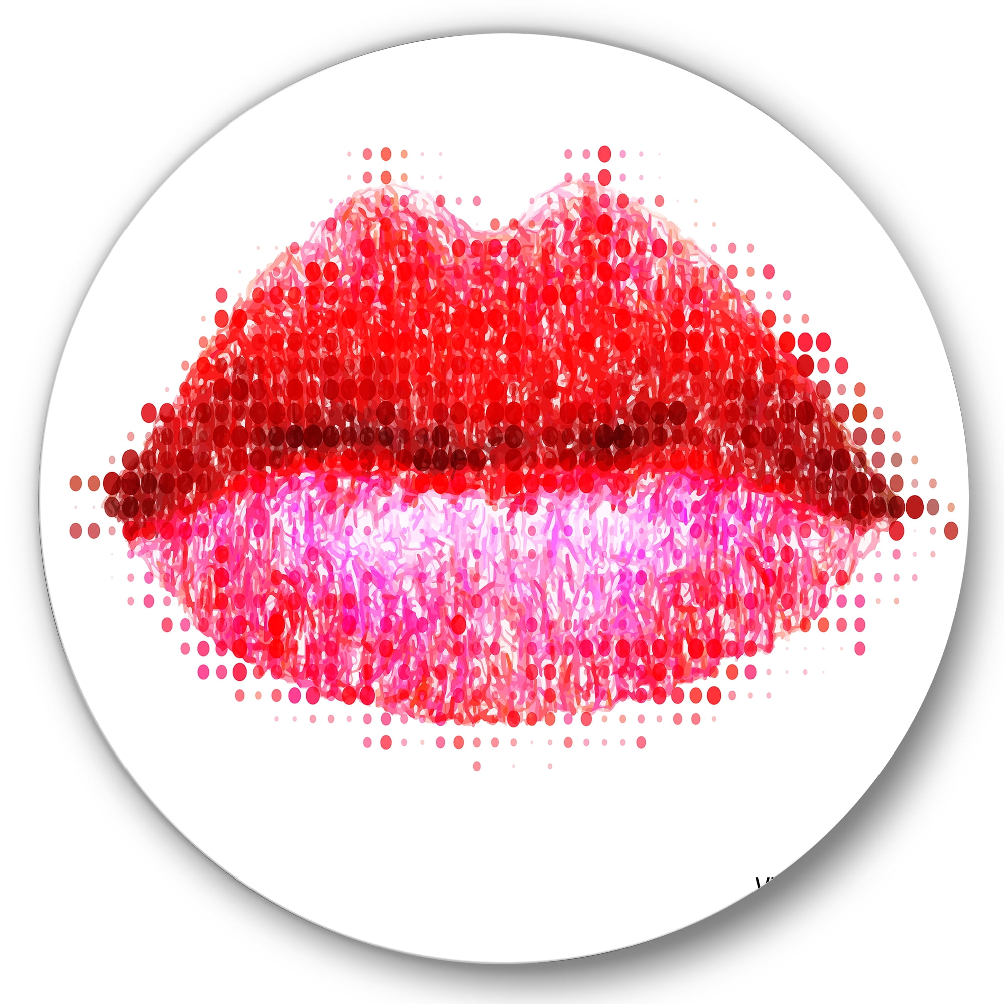 Designart 'Abstract Red Woman Lips in Pixels' Modern Circle Metal Wall Art 29x29 - Disc of 29