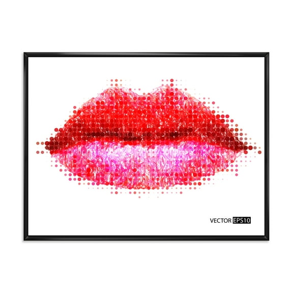 Designart 'Abstract Red Woman Lips in Pixels' Modern Framed Canvas Wall Art Print