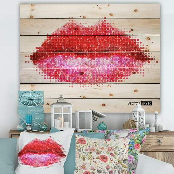 Designart 'Abstract Red Woman Lips in Pixels' Modern Print on Natural Pine Wood