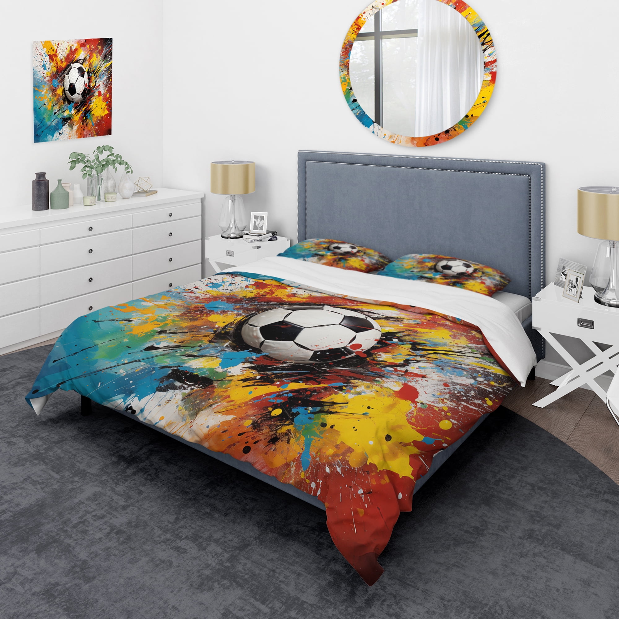 Twin Multicolor Microfiber Soccer Ball Duvet Cover Set