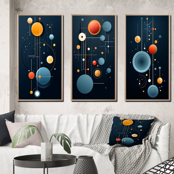 Designart "Abstract Retro Circular Geometrics for Divination II" Modern Geometric Framed Wall Art Set Of 3 - Yellow Abstract Frame Gallery Set For Office Decor