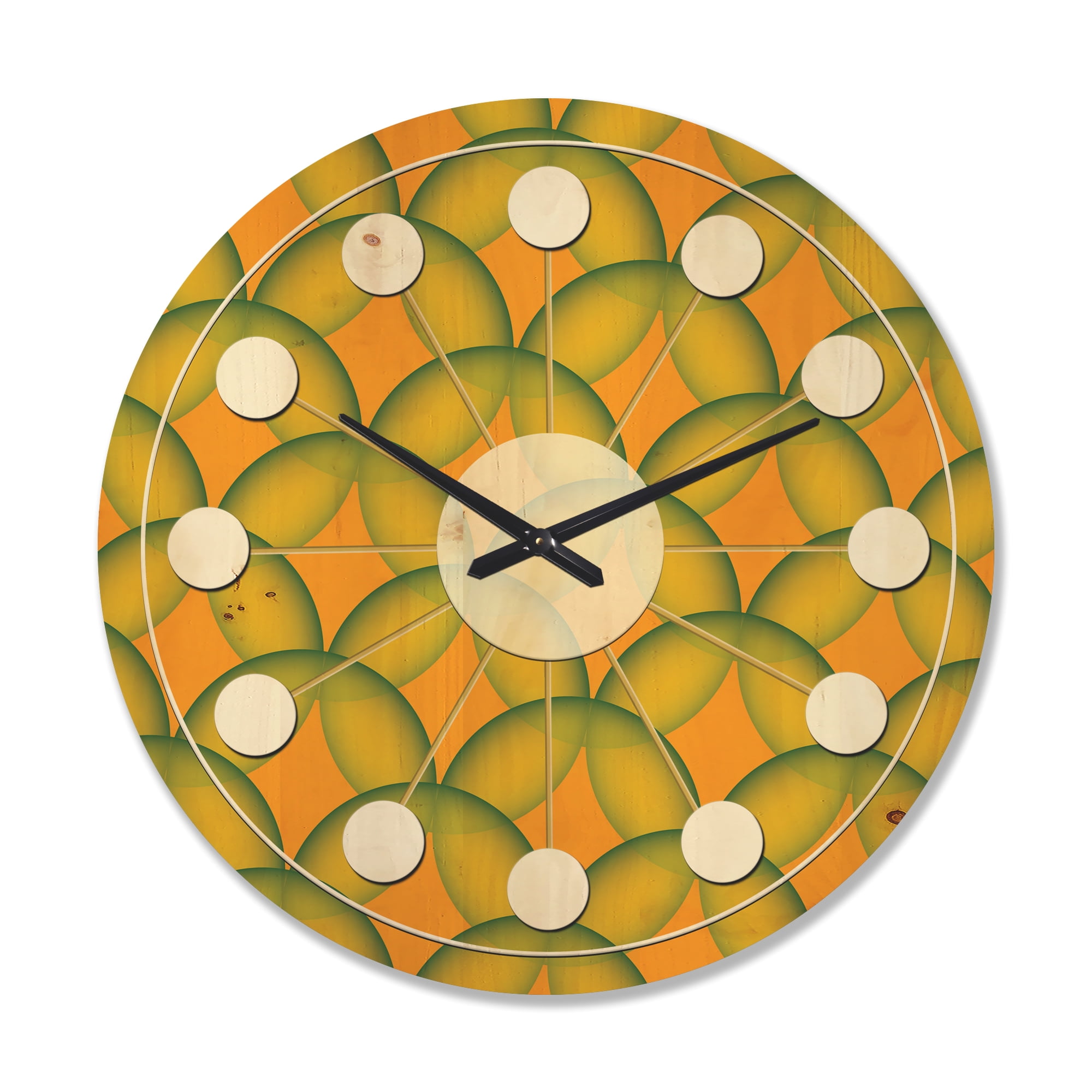 Designart 'Abstract Retro Design In Yellow and Green ' Mid-Century Modern Wood Wall Clock
