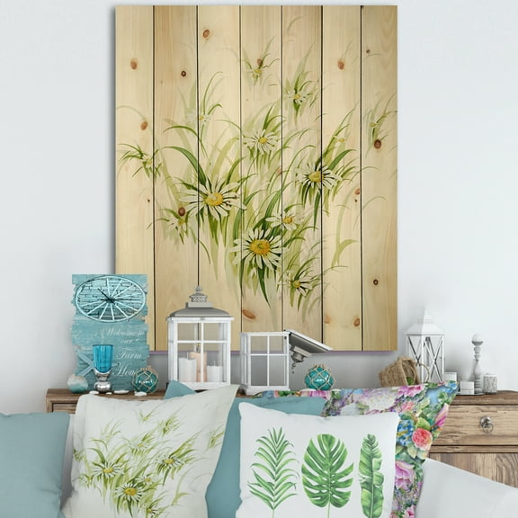 Designart 'Abstract Retro Drawing of Flowers I' Vintage Print on Natural Pine Wood