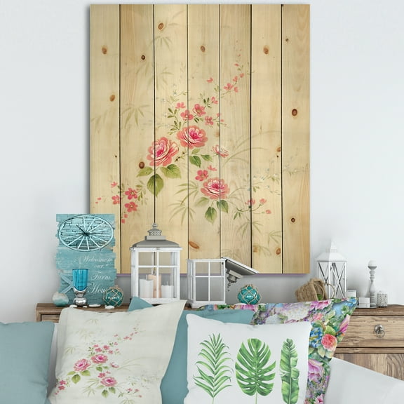 Designart 'Abstract Retro Drawing of Flowers II' Vintage Print on Natural Pine Wood
