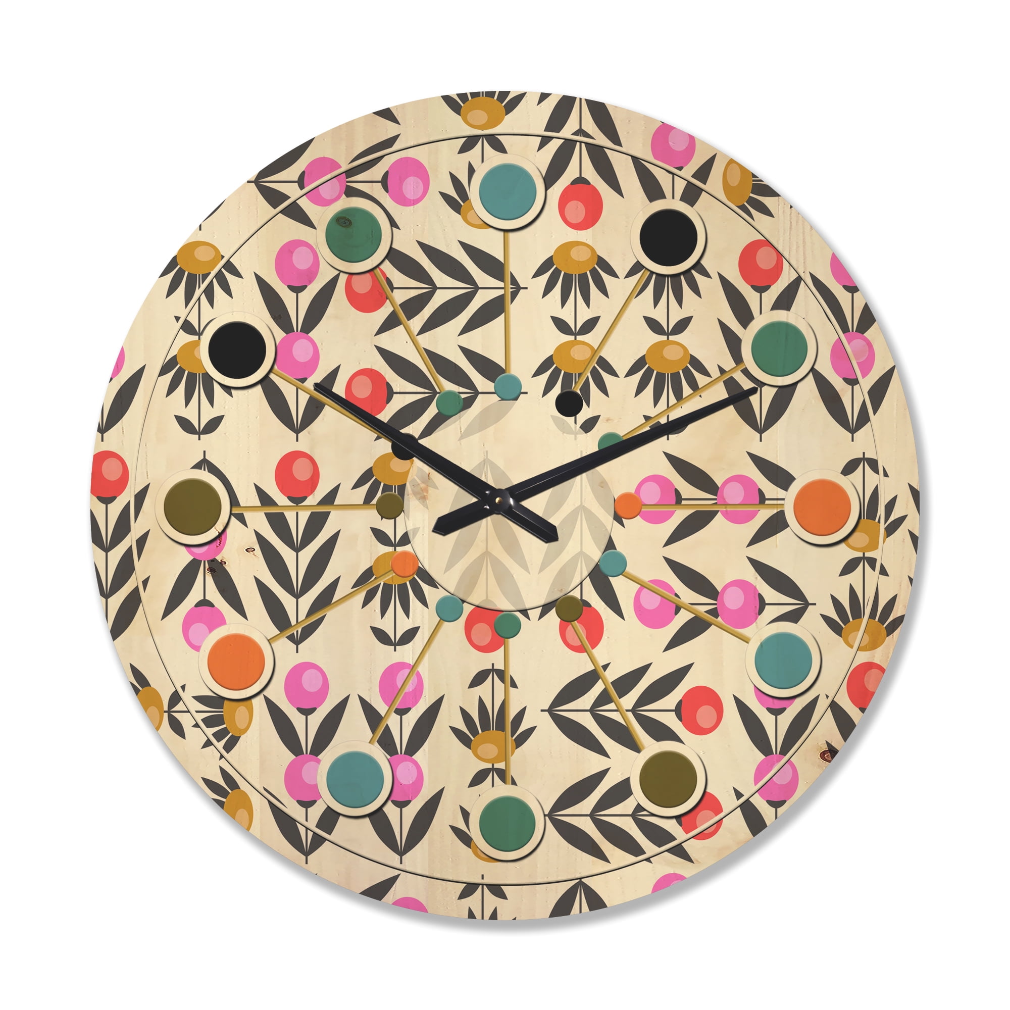 Designart 'Abstract Retro Floral Design XI' Mid-Century Modern Wood Wall Clock