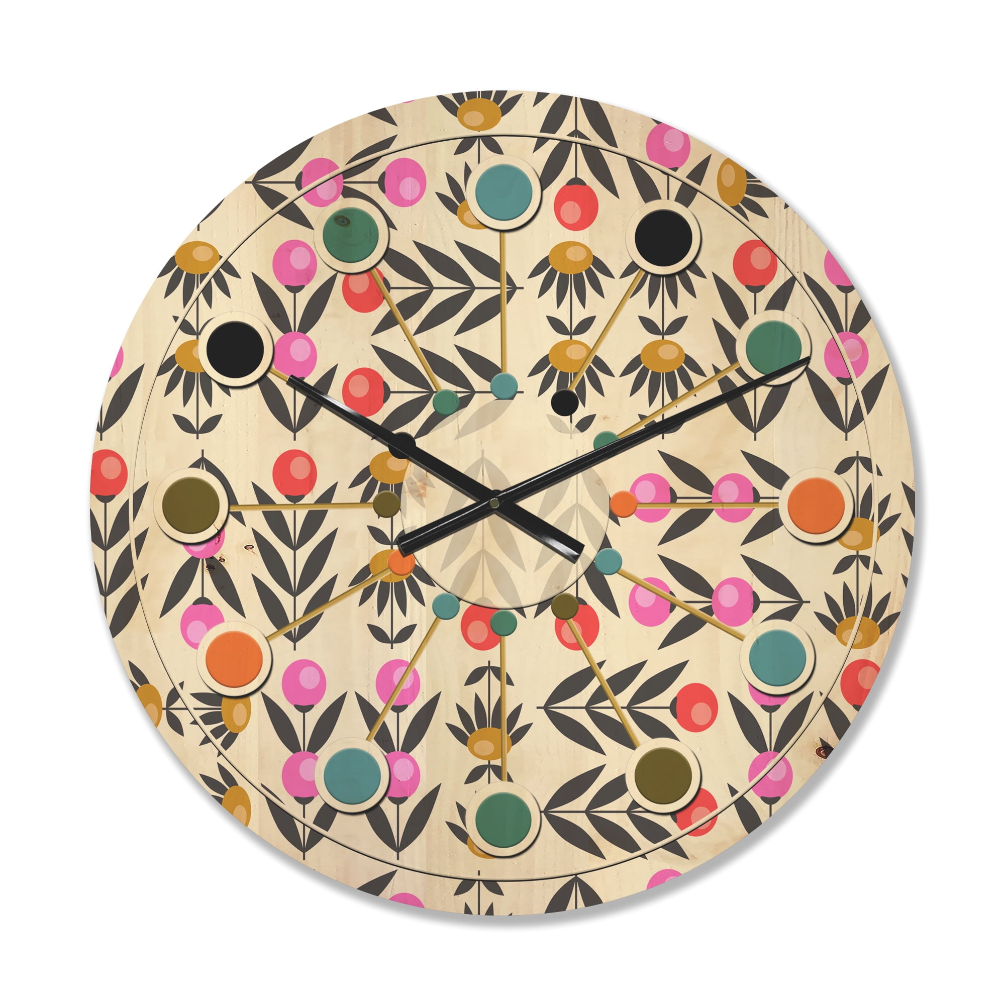 Designart 'Abstract Retro Floral Design XI' Mid-Century Modern Wood Wall Clock