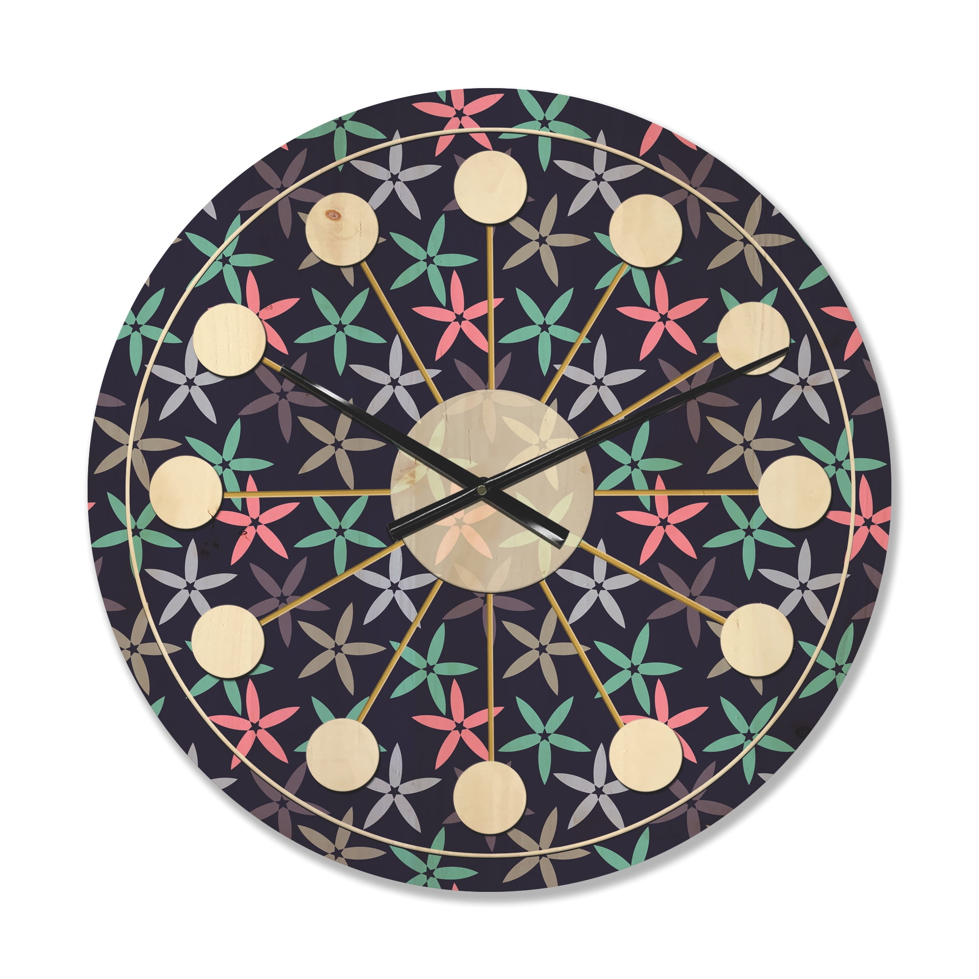 Designart 'Abstract Retro Flower Design V' Mid-Century Modern Wood Wall Clock