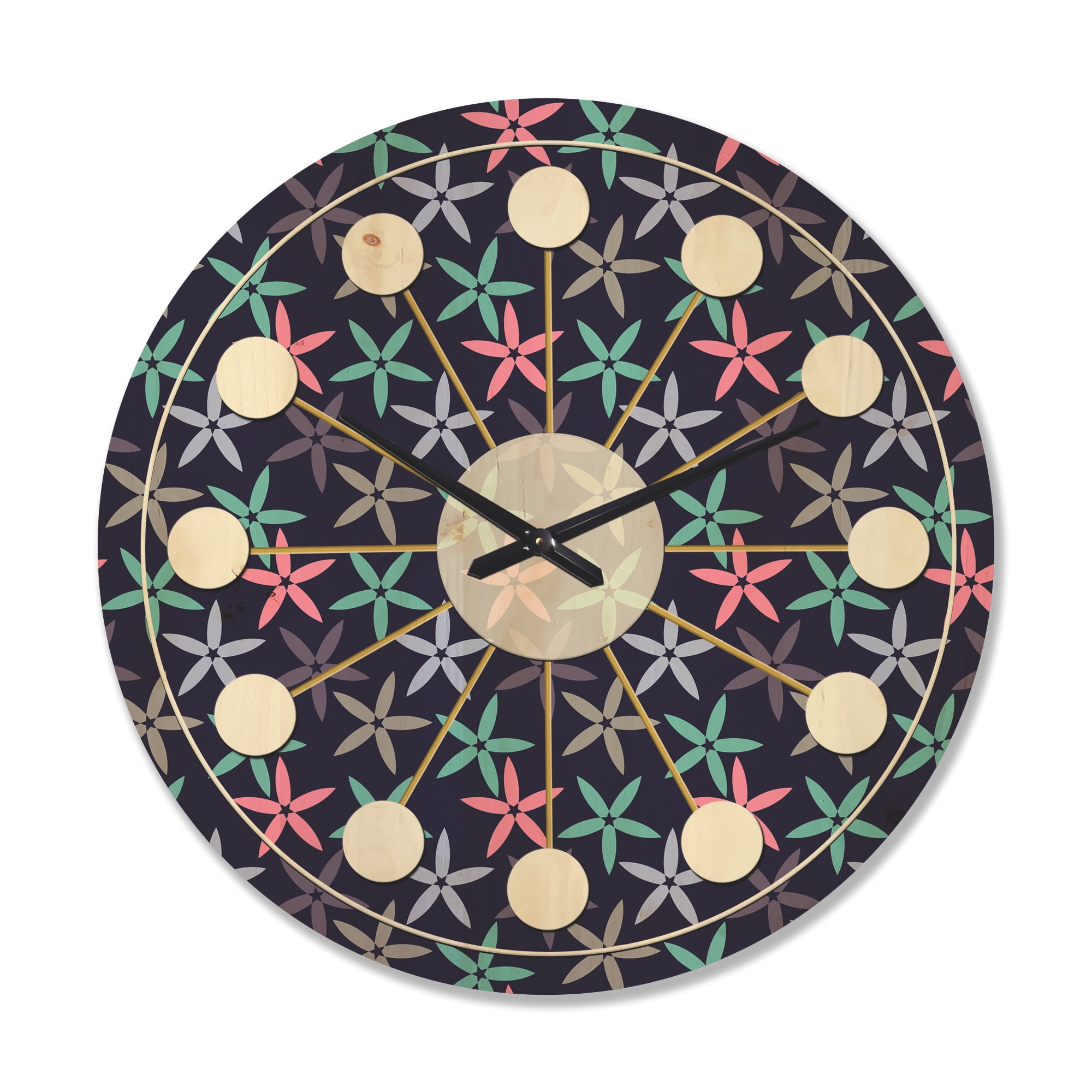 Designart 'Abstract Retro Flower Design V' Mid-Century Modern Wood Wall Clock