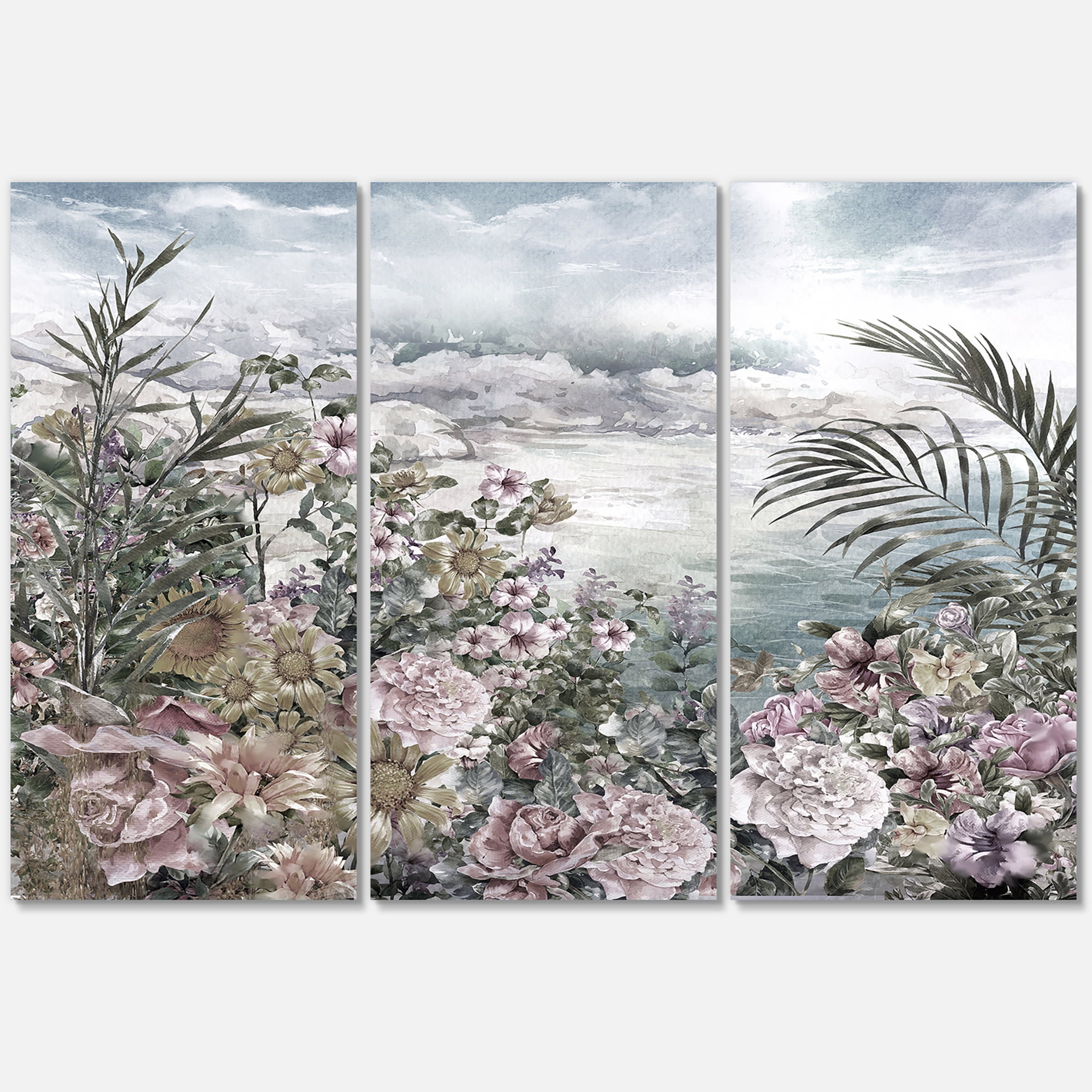 Designart ' Abstract Retro Flowers By The Sea Side ' Vintage Canvas Wall Art Print