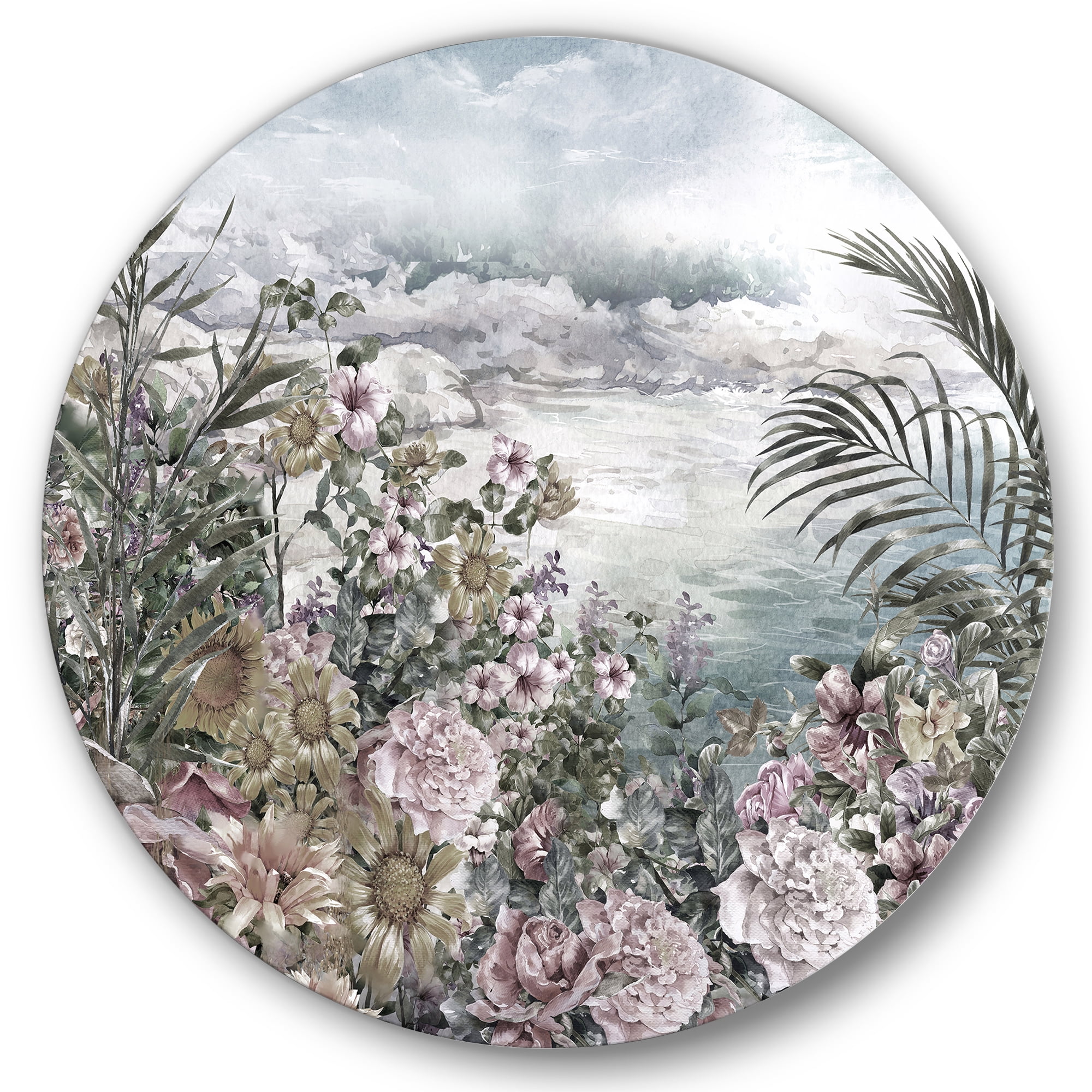 Designart 'Abstract Retro Flowers By The Sea Side' Vintage Circle Metal Wall Art 29x29 - Disc of 29