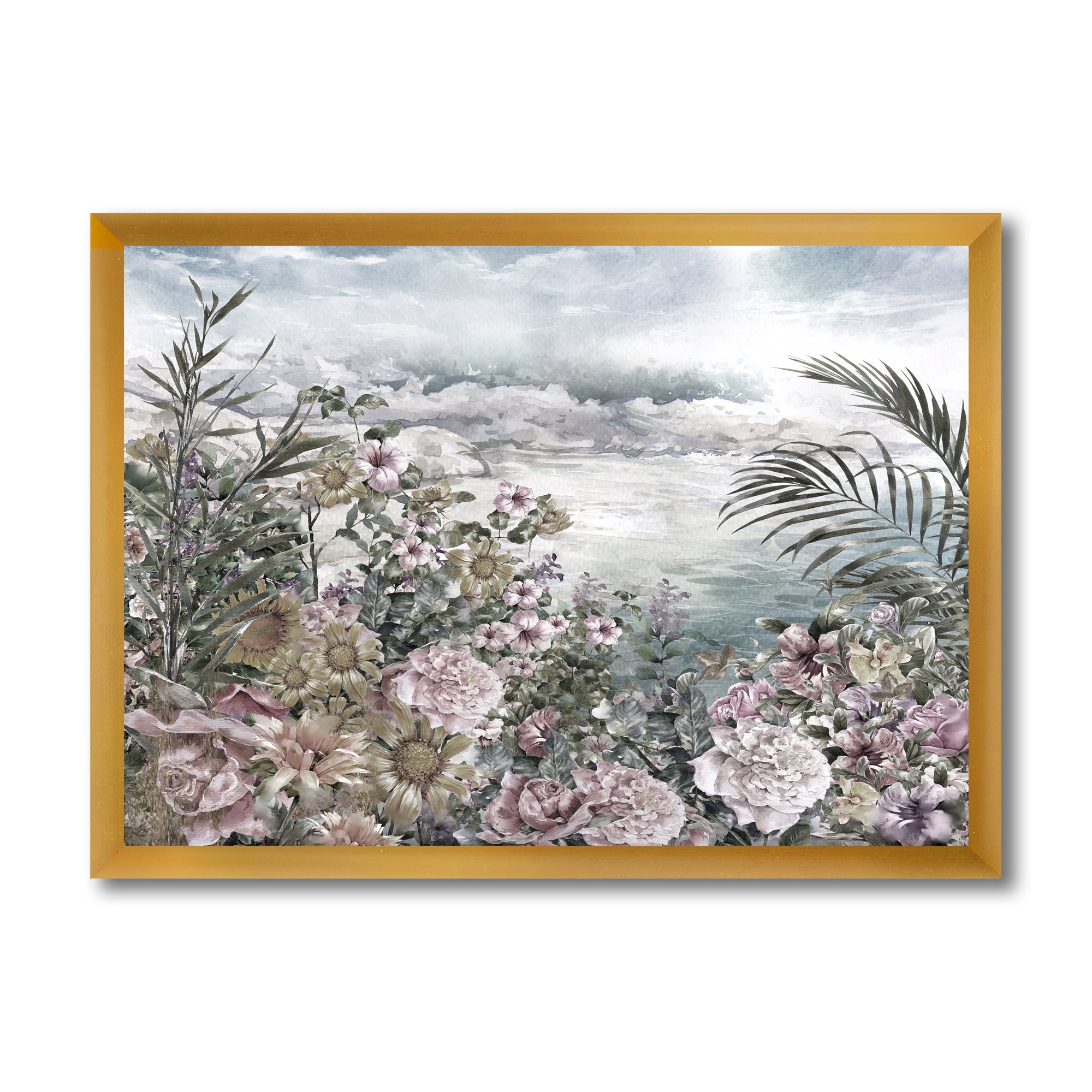 Designart 'Abstract Retro Flowers By The Sea Side' Vintage Framed Art Print