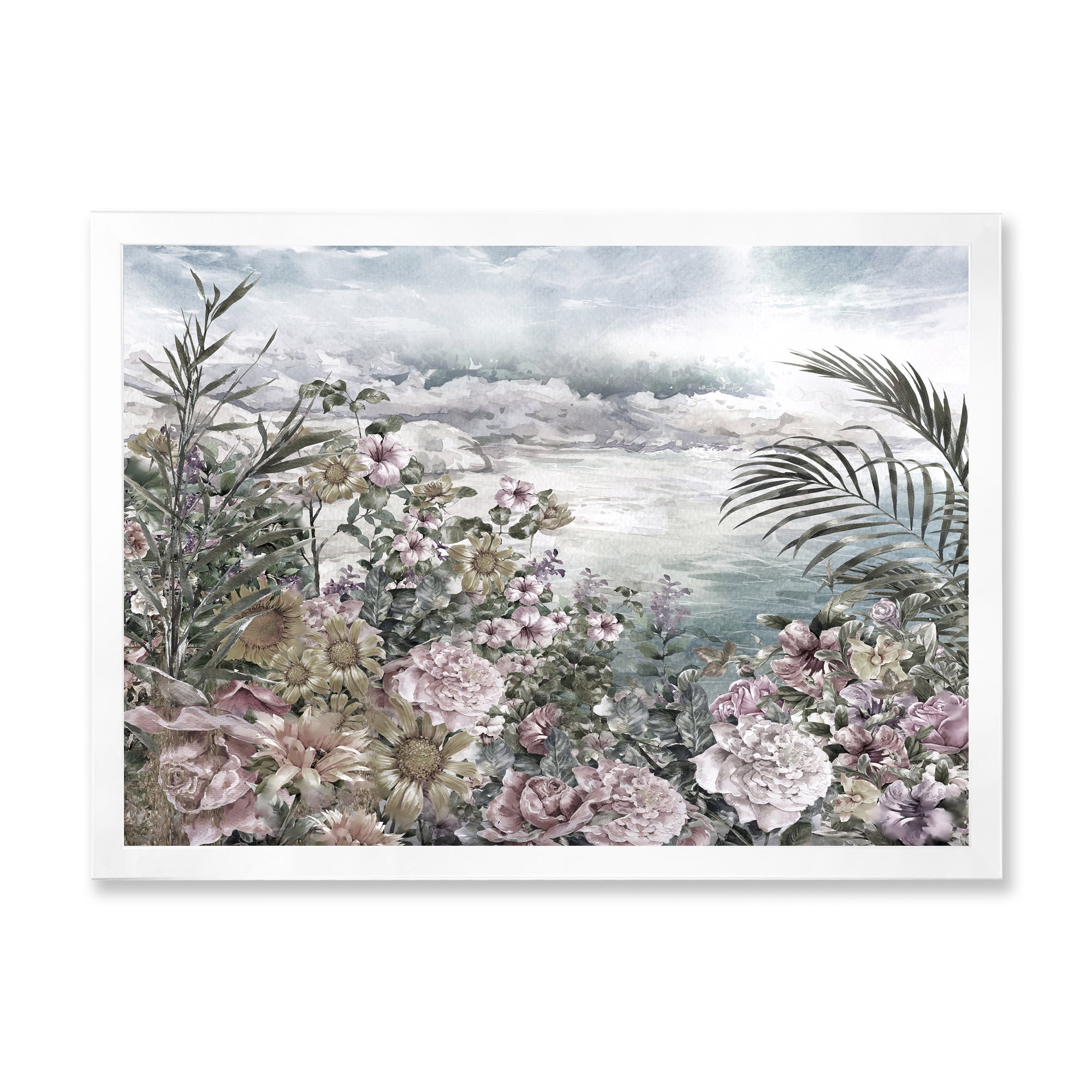 Designart 'Abstract Retro Flowers By The Sea Side' Vintage Framed Art Print