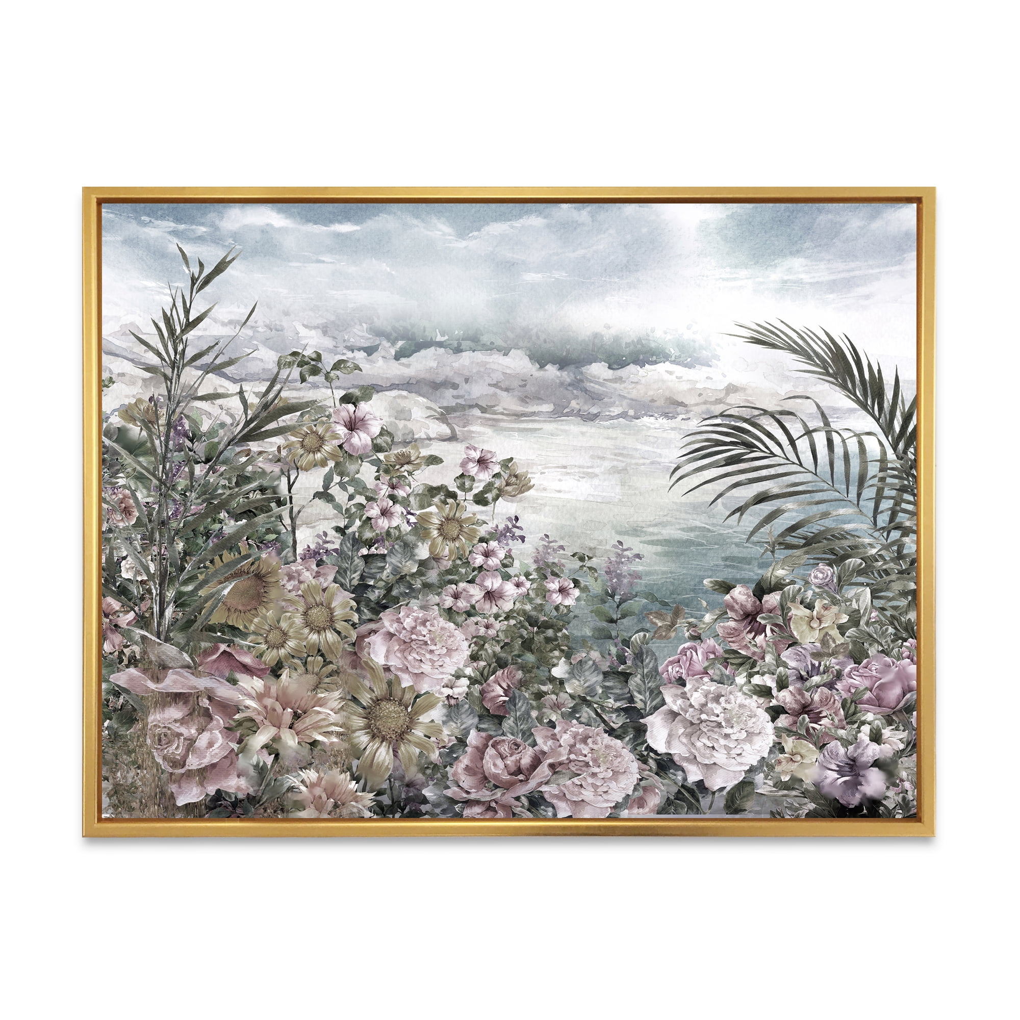 Designart 'Abstract Retro Flowers By The Sea Side' Vintage Framed Canvas Wall Art Print