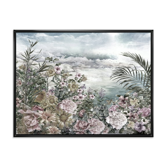 Designart 'Abstract Retro Flowers By The Sea Side' Vintage Framed Canvas Wall Art Print