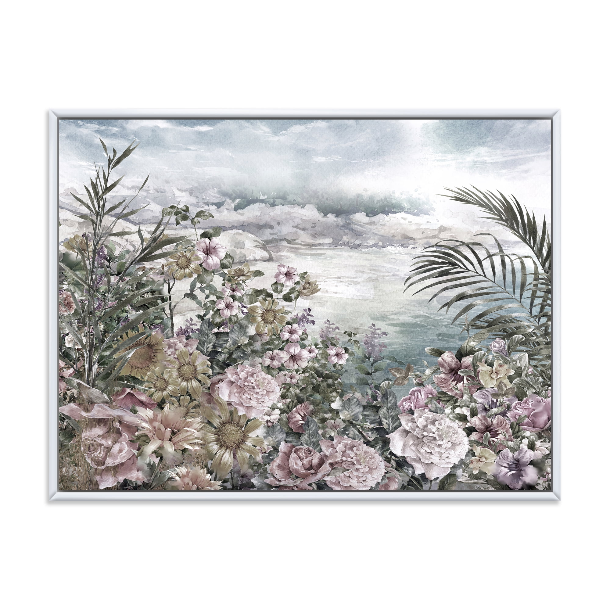 Designart 'Abstract Retro Flowers By The Sea Side' Vintage Framed Canvas Wall Art Print