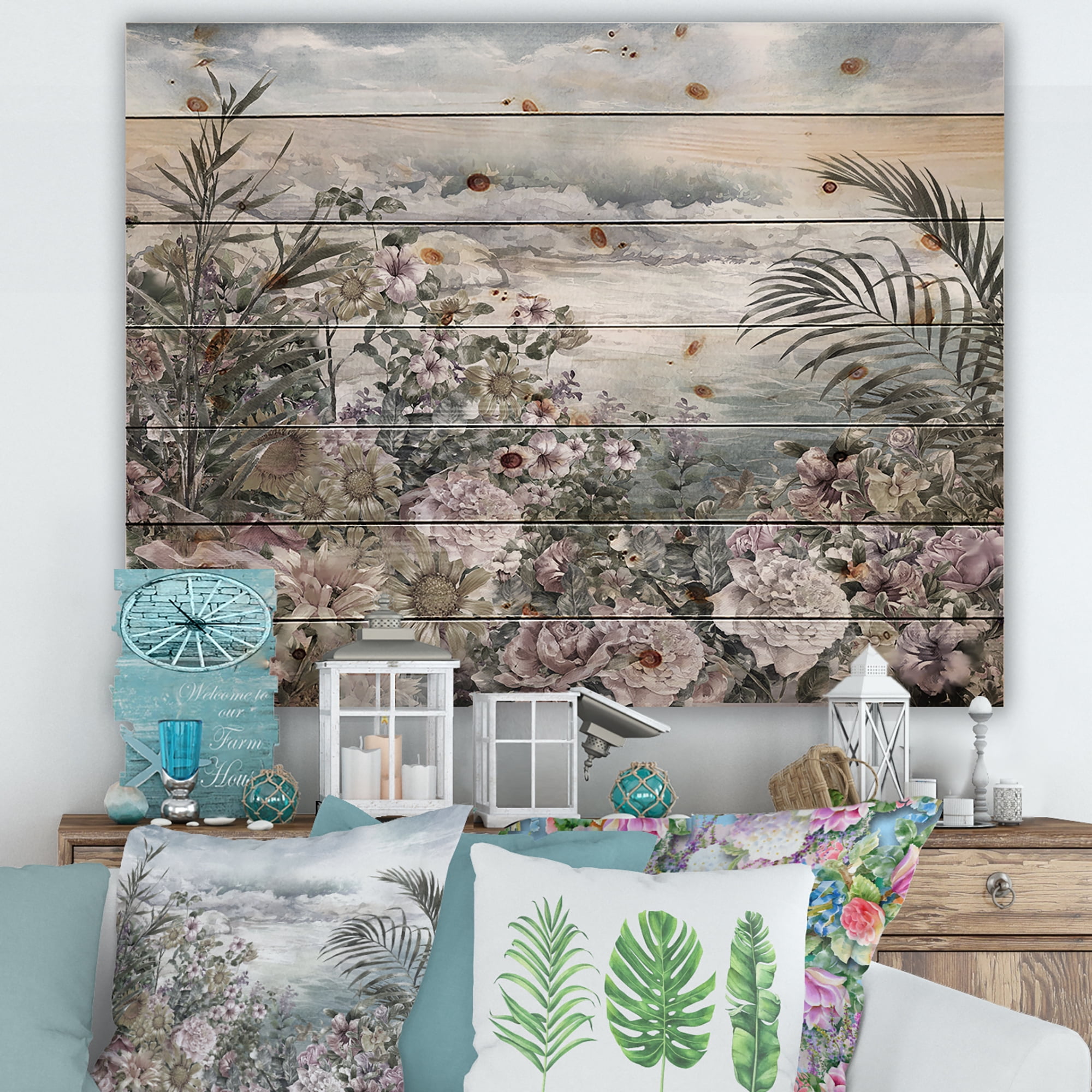 Designart 'Abstract Retro Flowers By The Sea Side' Vintage Print on Natural Pine Wood