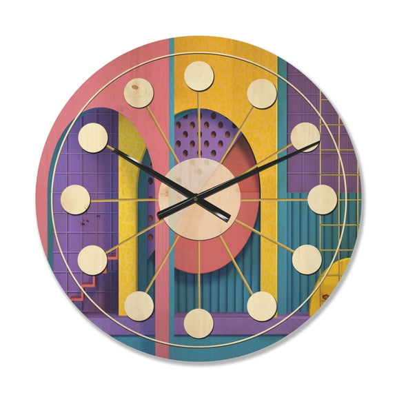 Designart 'Abstract Retro Geometric Architecture Pattern' Mid-Century Modern Wood Wall Clock